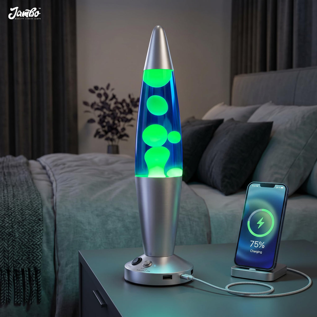 Jambo Liquid-Motion-Lampe mit schwarzem Sockel (Black Base, Purple Liquid, White Wax, 16")