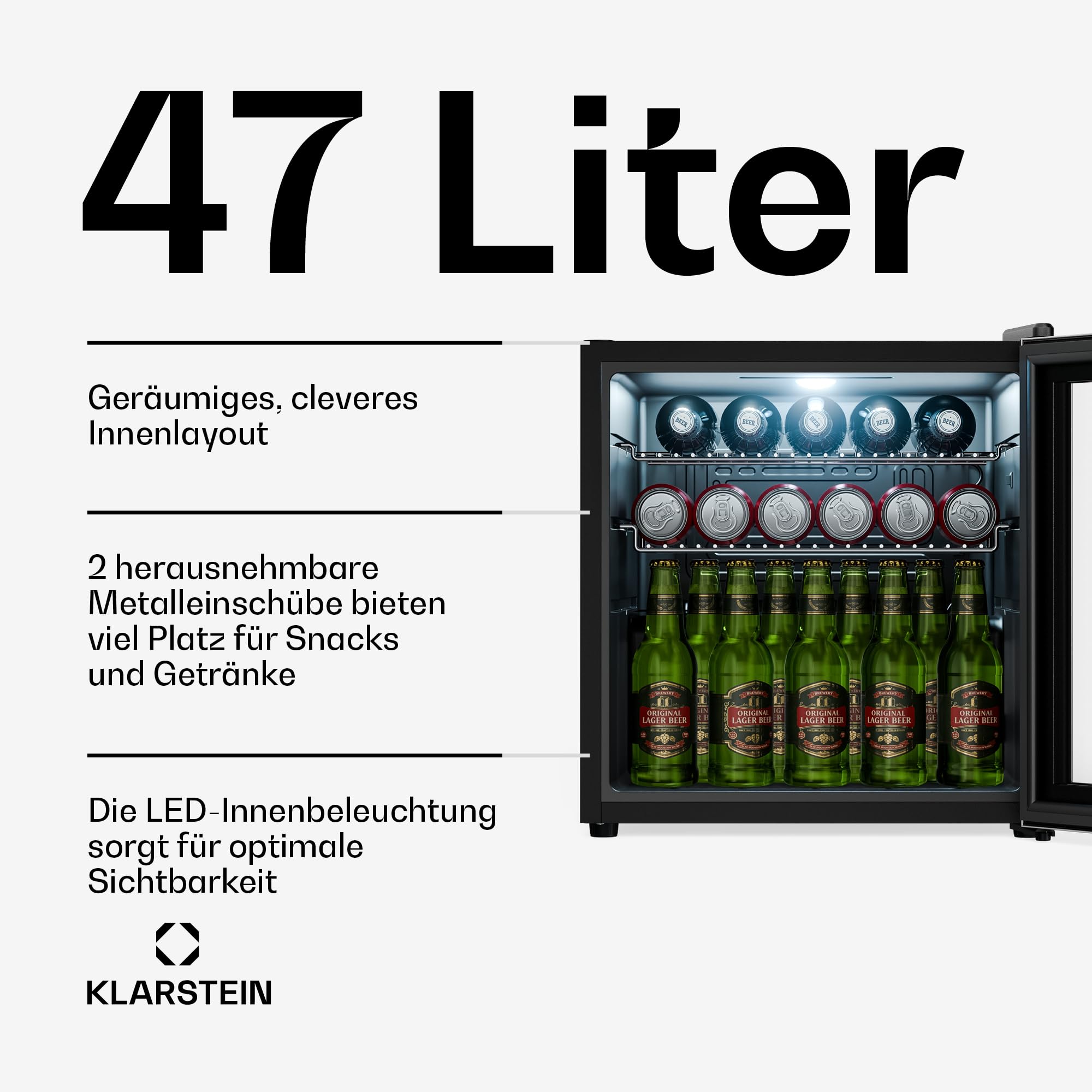 Getränkekühlschrank 33 L – Mini Kühlschrank mit Glastür, Silber-Schwarz | LED-Beleuchtung, herausnehmbare Metallablagen, leise, Flaschenkühlschrank für Getränke & Dosen