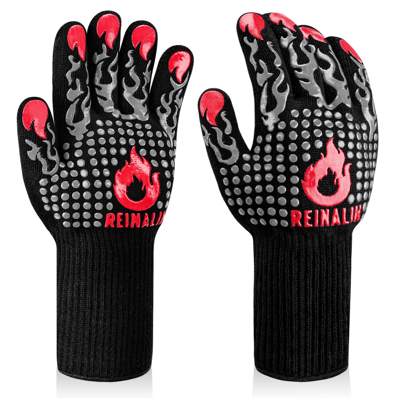 Reinalin Grillhandschuhe Hitzebeständig bis 800°C, Ofenhandschuhe Topfhandschuhe Feuerfeste Handschuhe BBQ Handschuhe Kochhandschuhe Backhandschuhe Backofenhandschuhe (L/XL/XXL, Schwarz)
