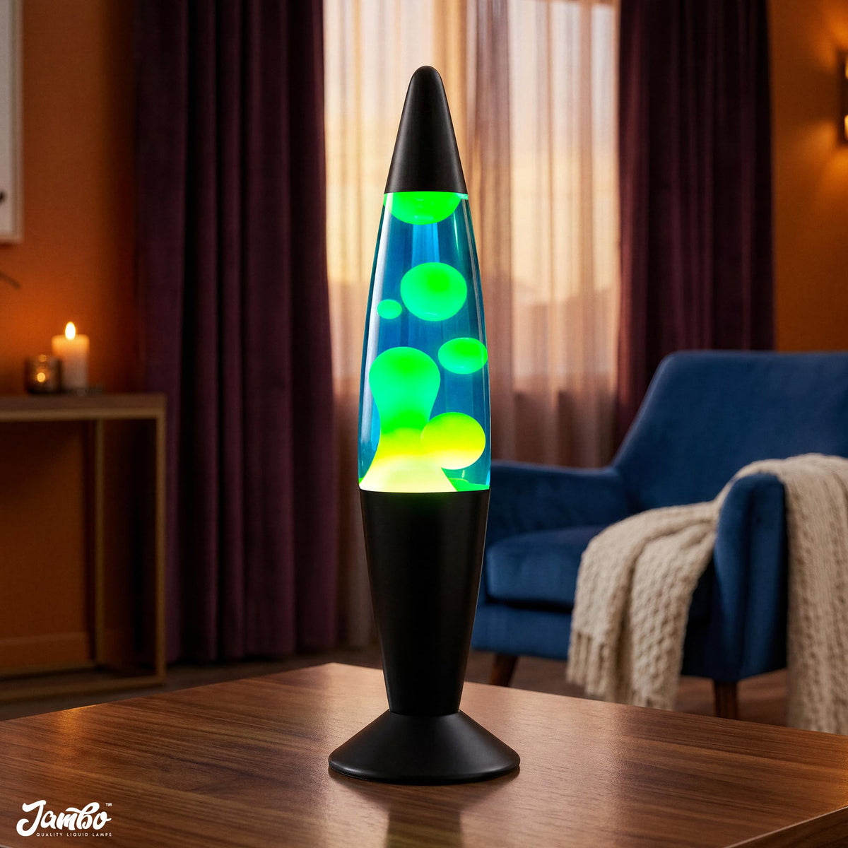 Jambo Liquid-Motion-Lampe mit schwarzem Sockel (Black Base, Purple Liquid, White Wax, 16")