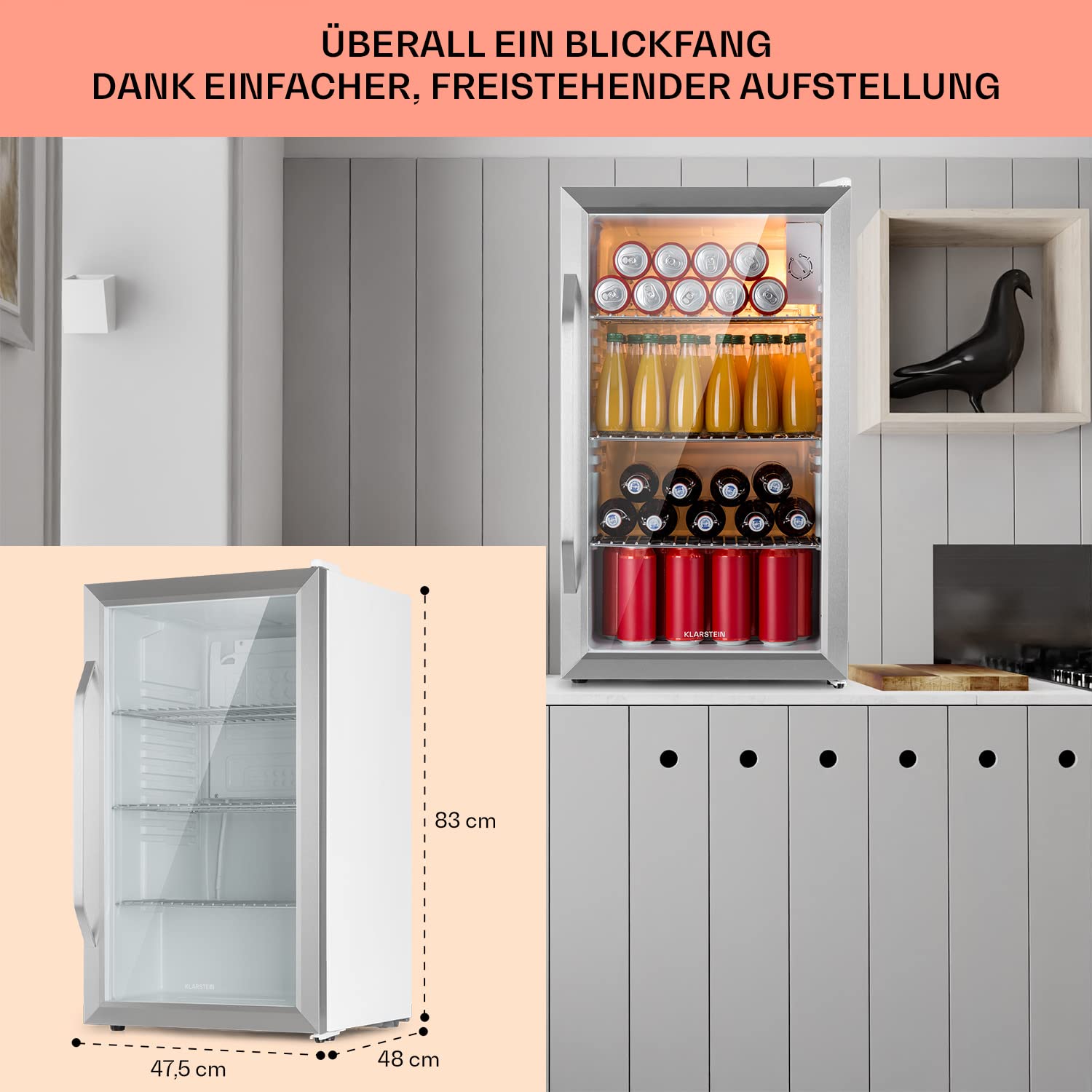 Beersafe Getränkekühlschrank 60 L – Mini Kühlschrank mit Glastür, Kupfer | LED-Beleuchtung, herausnehmbare Metallablagen, leise, Flaschenkühlschrank für Getränke & Dosen