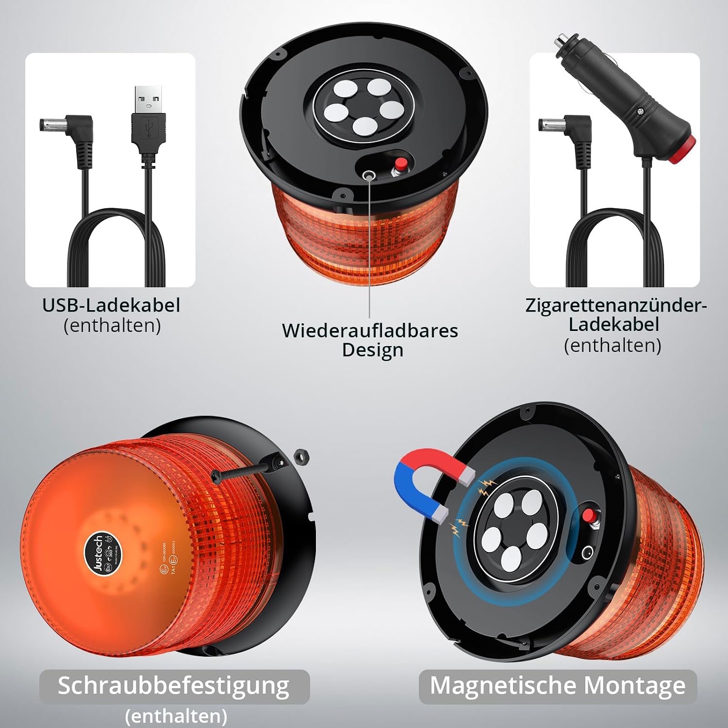 Warnleuchte Rundumleuchte 360° Gelb Blitzleuchte 7 modus mit 5m Netzkabel Doppelter Schraube 12V / 24V Warnlicht mit Magnetfuß Notfallblinklampe Magnet Transparent für Auto LKW usw
