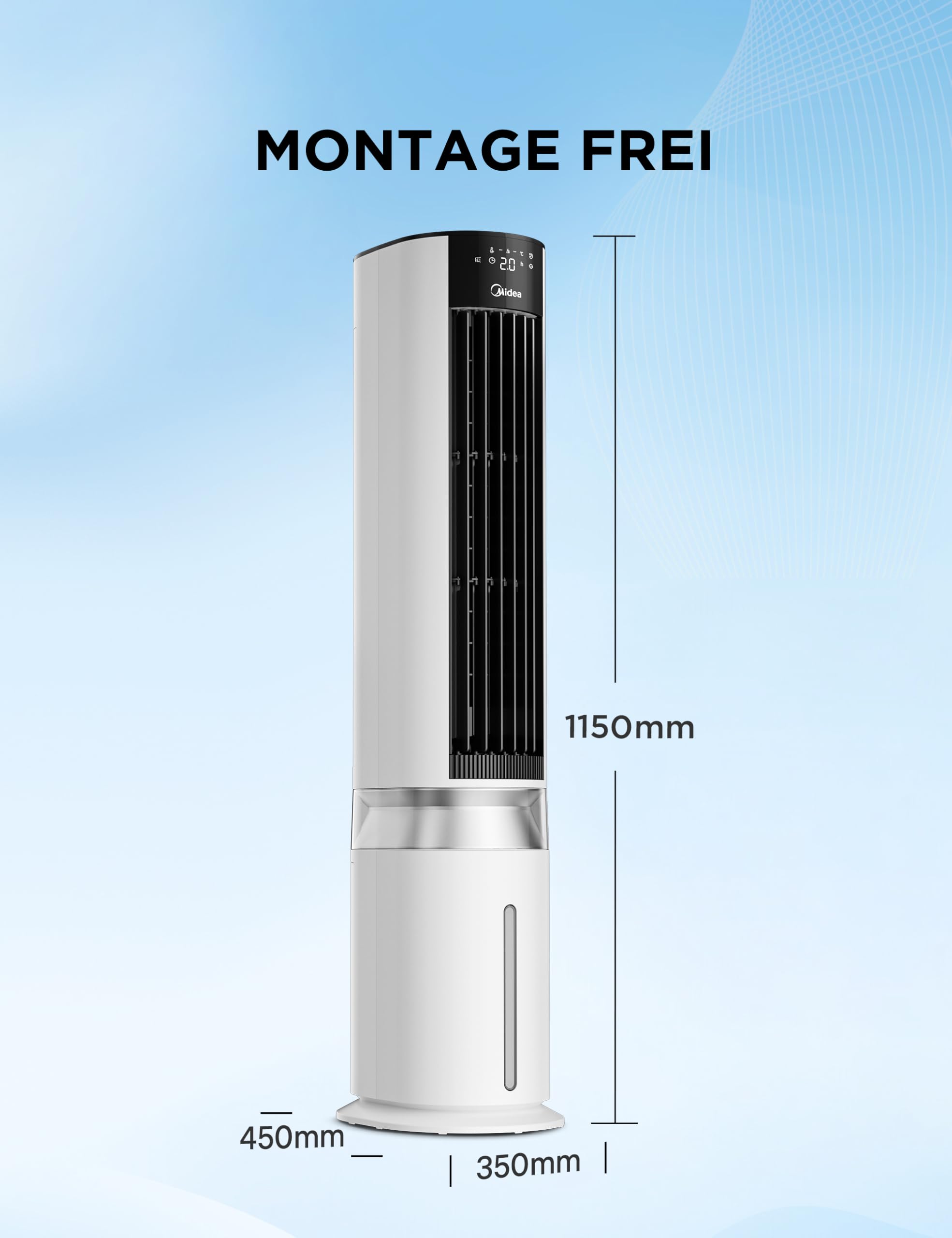 4-in-1 Mobile Klimaanlage Leiser:Luftkühler,Turmgebläse,Luftbefeuchter und Luftreiniger,mit Fernbedienung,5L Wassertank,355m³/h Luftdurchsatz,55W,LED-Display,Timer,Weiß