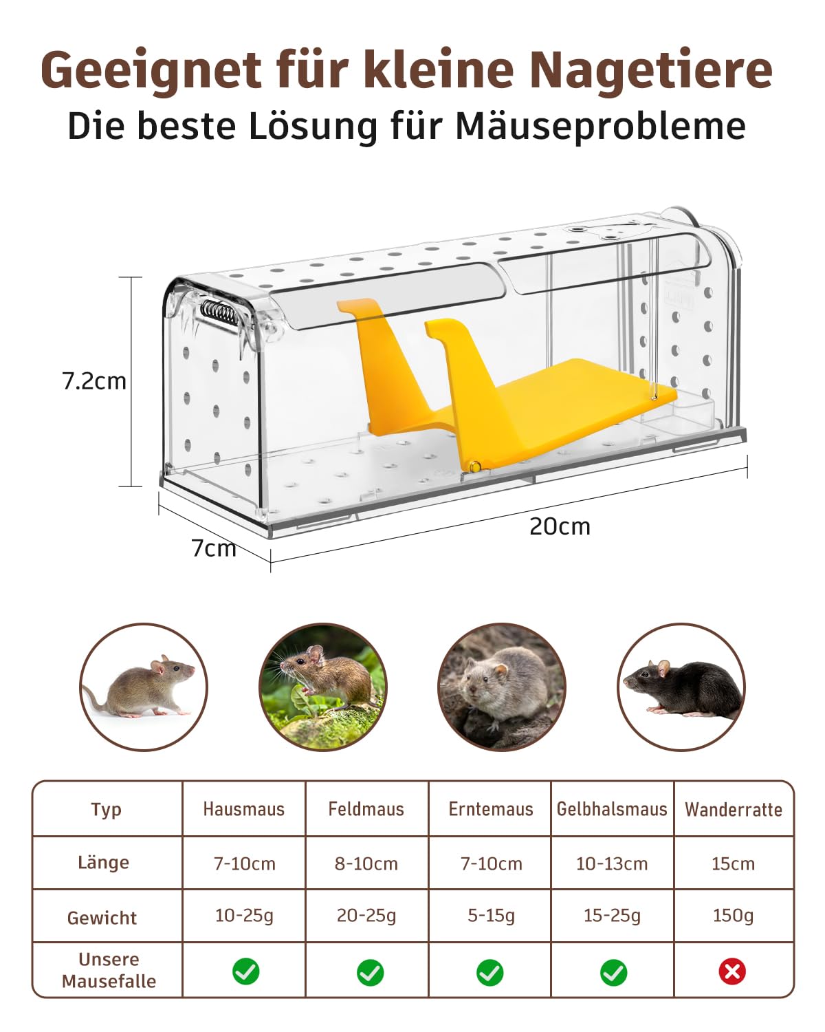 Mausefalle Lebend , Lebendfalle Maus, Wiederverwendbar, Tierfreundliche, Hochsensitive Quick Release, Kontakt mit Mäusen vermeiden - Gartenzubehör