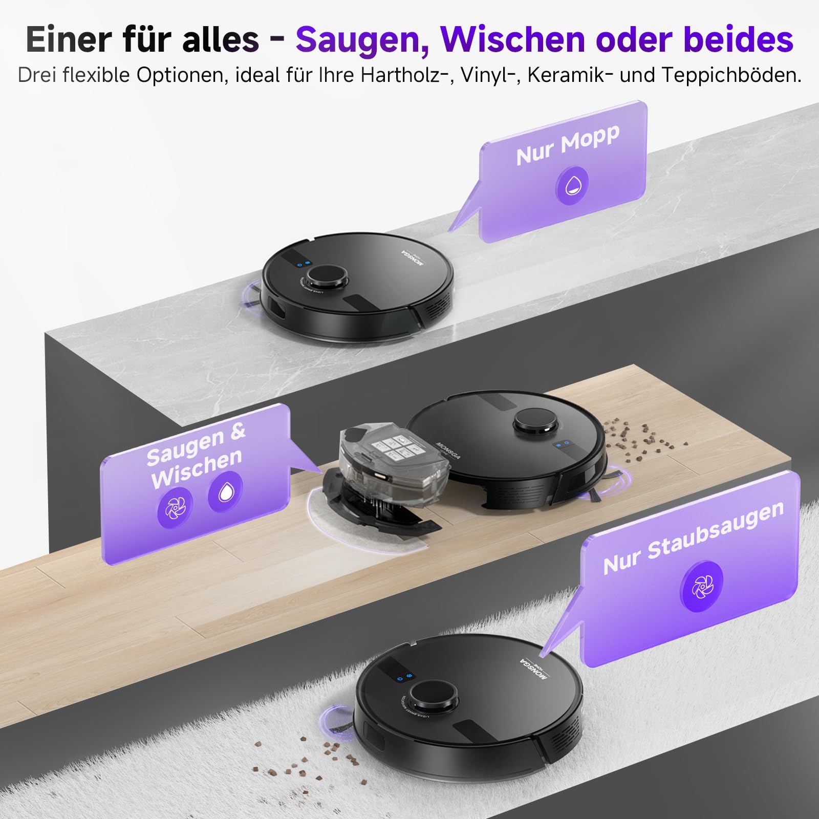 Saugroboter mit Wischfunktion, 3.5L Staubsauger Roboter mit Absaugstation, 5000Pa Saugkraft, 180Min Laufzeit, LiDAR Navigation, Starke Saugkraft ideal für Teppich und Tierhaare, APP Steuerung
