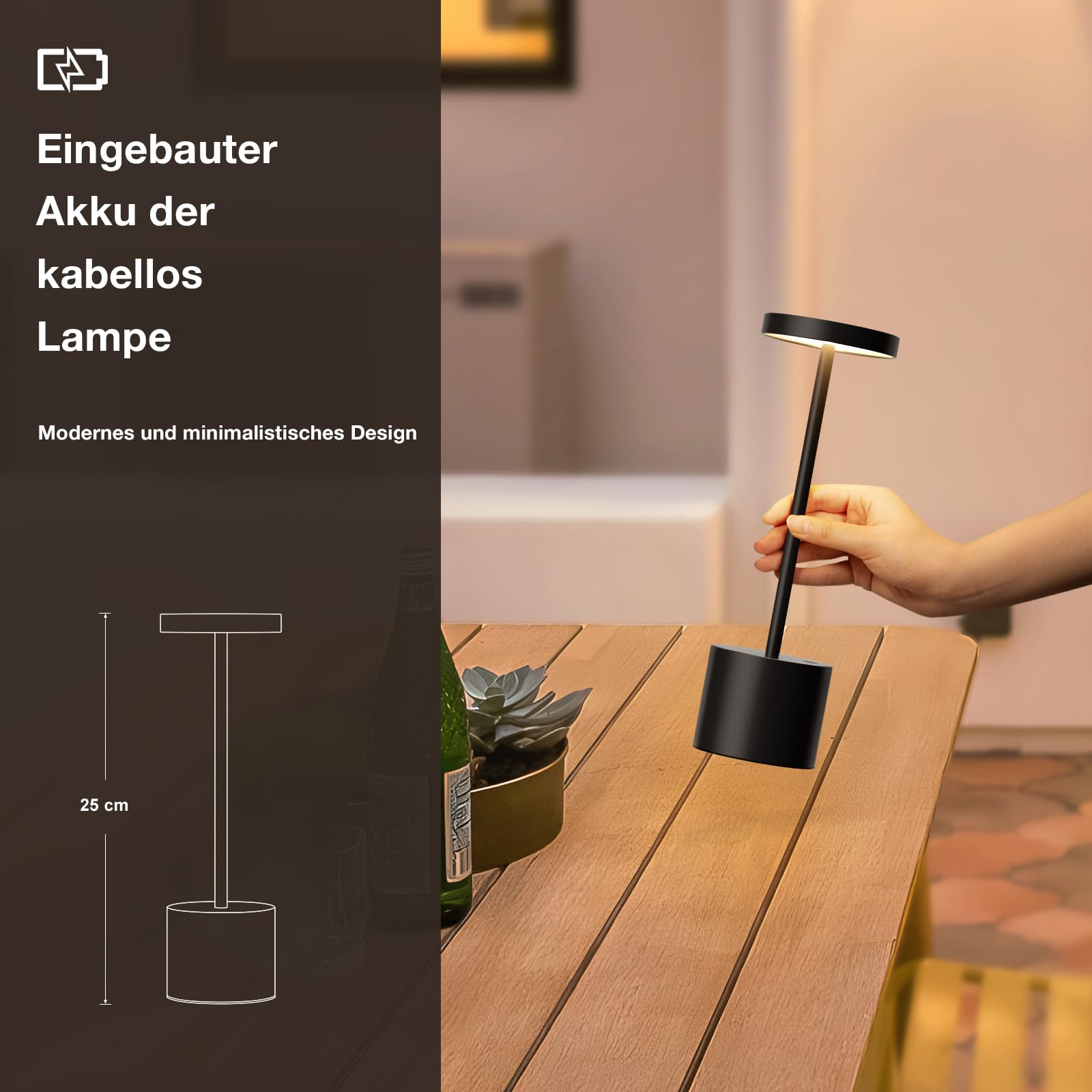 Tischlampe Batterie, LED Tischlampe Wireless, Tischlampe Wireless Batterie mit 3 Farbtemperaturen, Touch Nachttischlampe Dimmbar, kontinuierlich dimmbar für Schlafzimmer