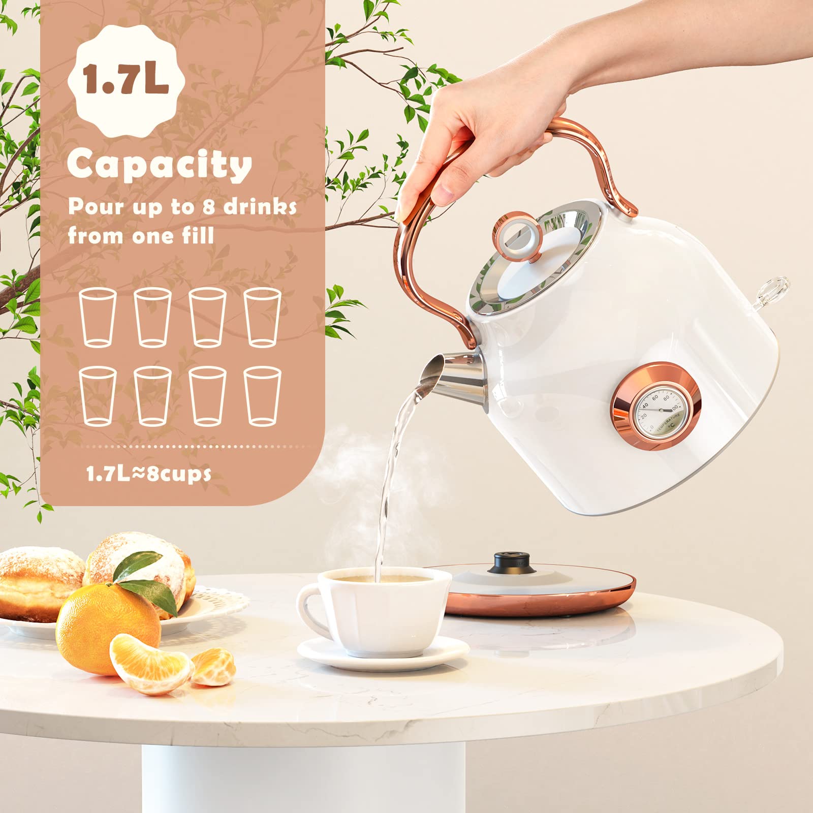 Retro Wasserkocher, 1,7 Liter Edelstahl Teekessel mit grosser Temperaturanzeige, 2200 W Schnellerhitzung Heisswasserkessel mit LED-Anzeige, Schwarz oder Weiss