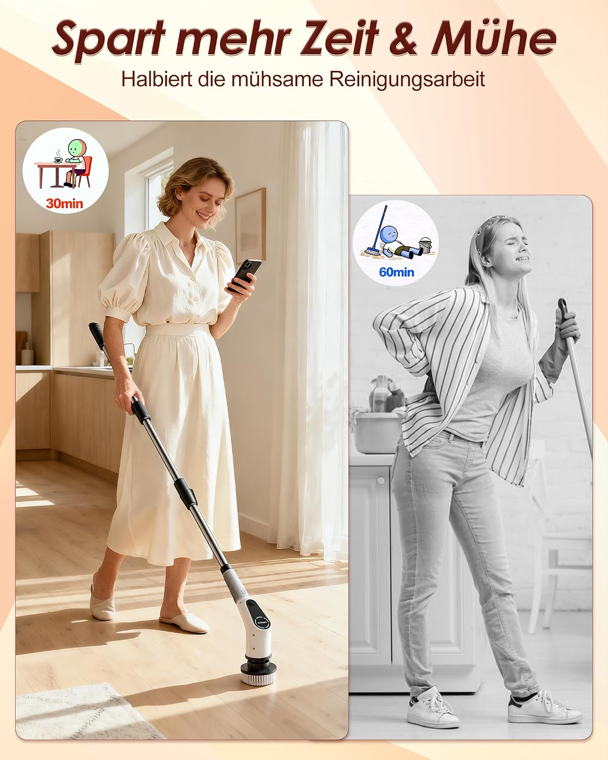 Elektrische Reinigungsbürste, 8 in 1 Electric Cleaning Brush | mit austauschbaren Bohrbürstenköpfen, Wanne mopSet, Elektrische Putzbürste mit Verstellbarem Griff für Bad Küche Auto Fußbode