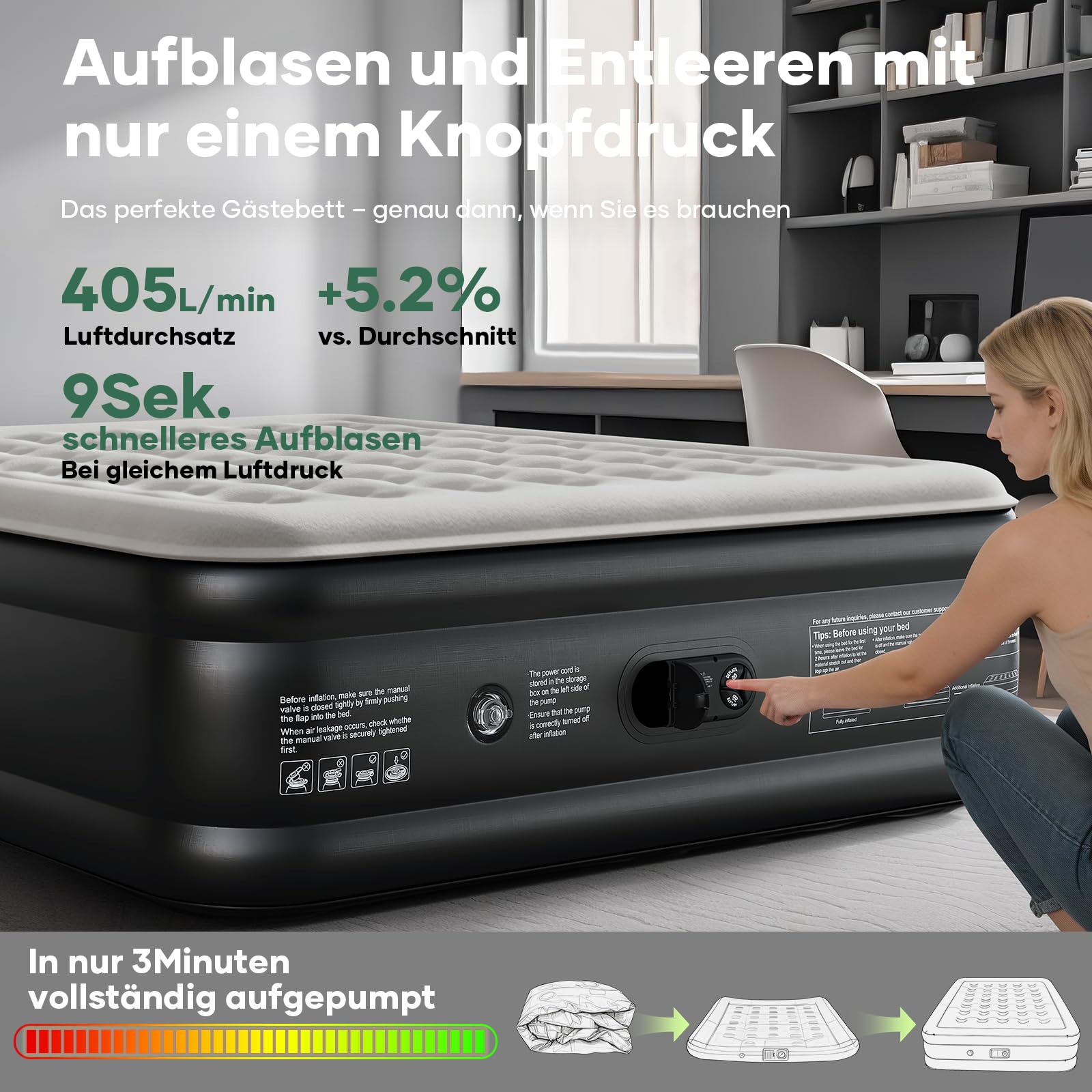 Luftmatratze Selbstaufblasend, Luftbett, Gästebett, aufblasbare Matratzensofa, Luftbett 2 Personen, Selbstaufblasende Luftmatratze für Camping oder Heimgebrauch