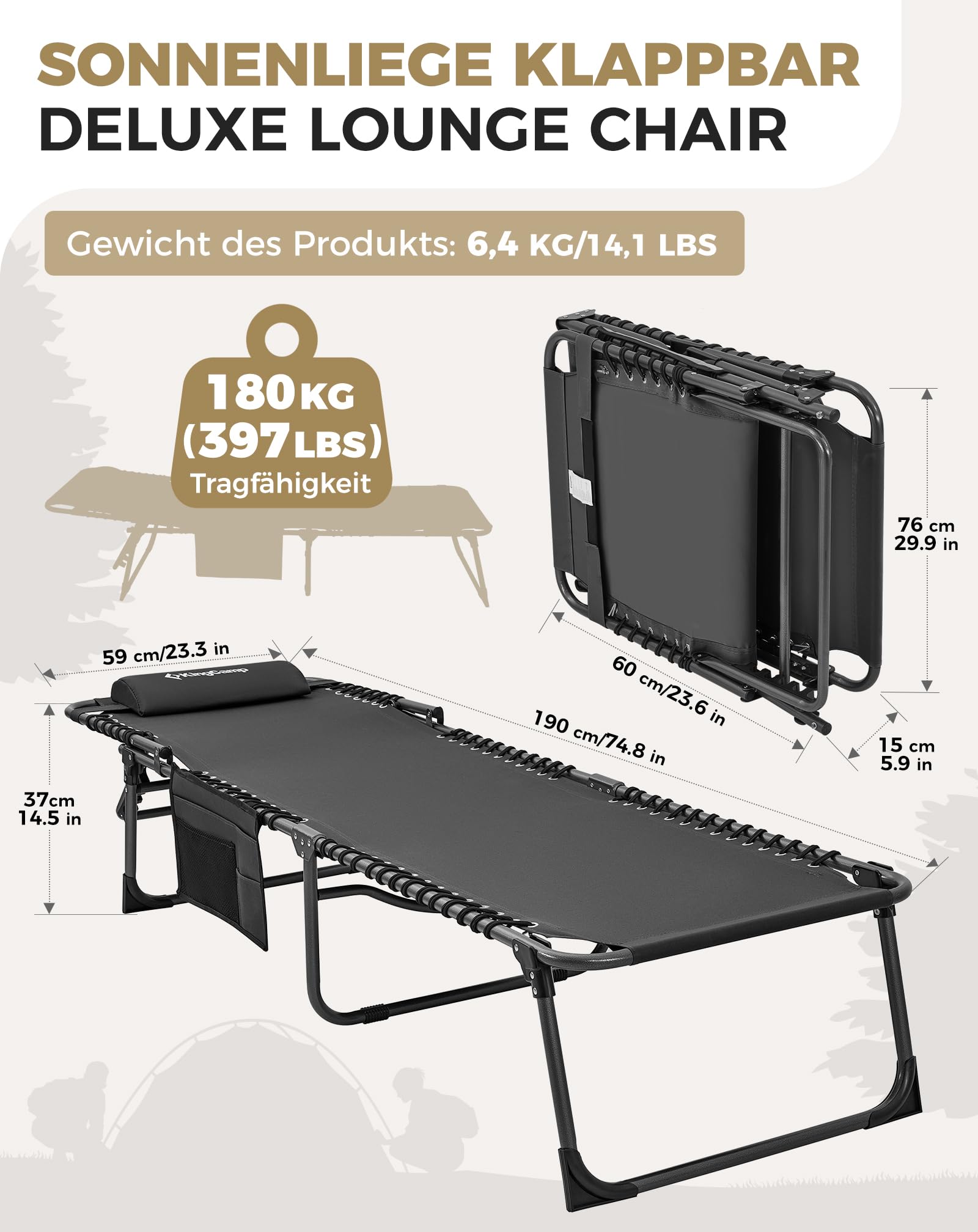 Sonnenliege Klappbar 5-Verstellbare, bis 180 kg, 2er Set, Blau | Gartenliege Klappbar, mit Kopfstütze & Seitentasche, Sonnenliege Wetterfest, Strandliege für Garten Terrasse Pool Camping