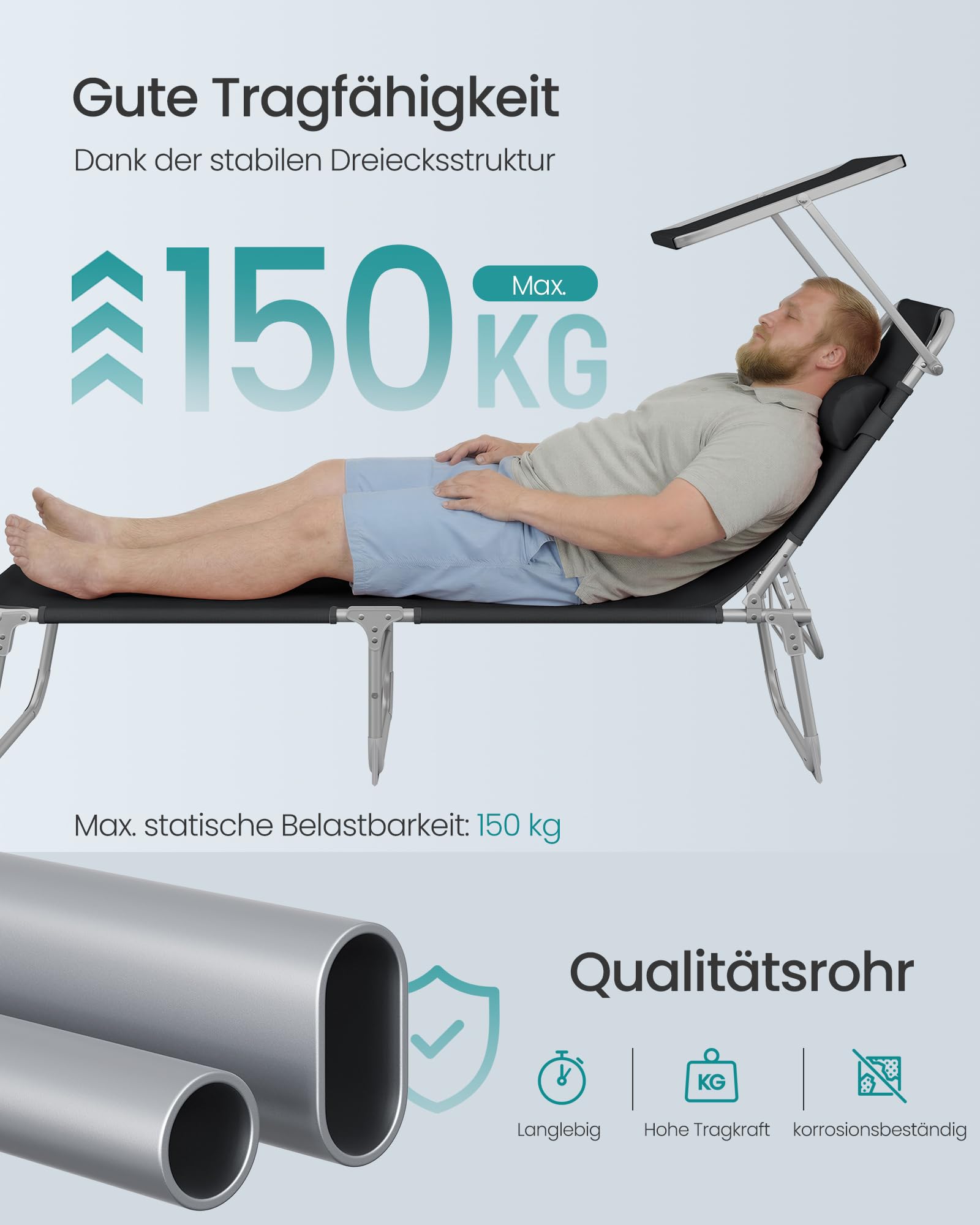 Sonnenliege, klappbarer Liegestuhl, 193 x 53 x 29 cm, trägt bis zu 150 kg, Sonnenschutz, Kopfkissen, verstellbare Rückenlehne, für Garten, Pool, Terrasse