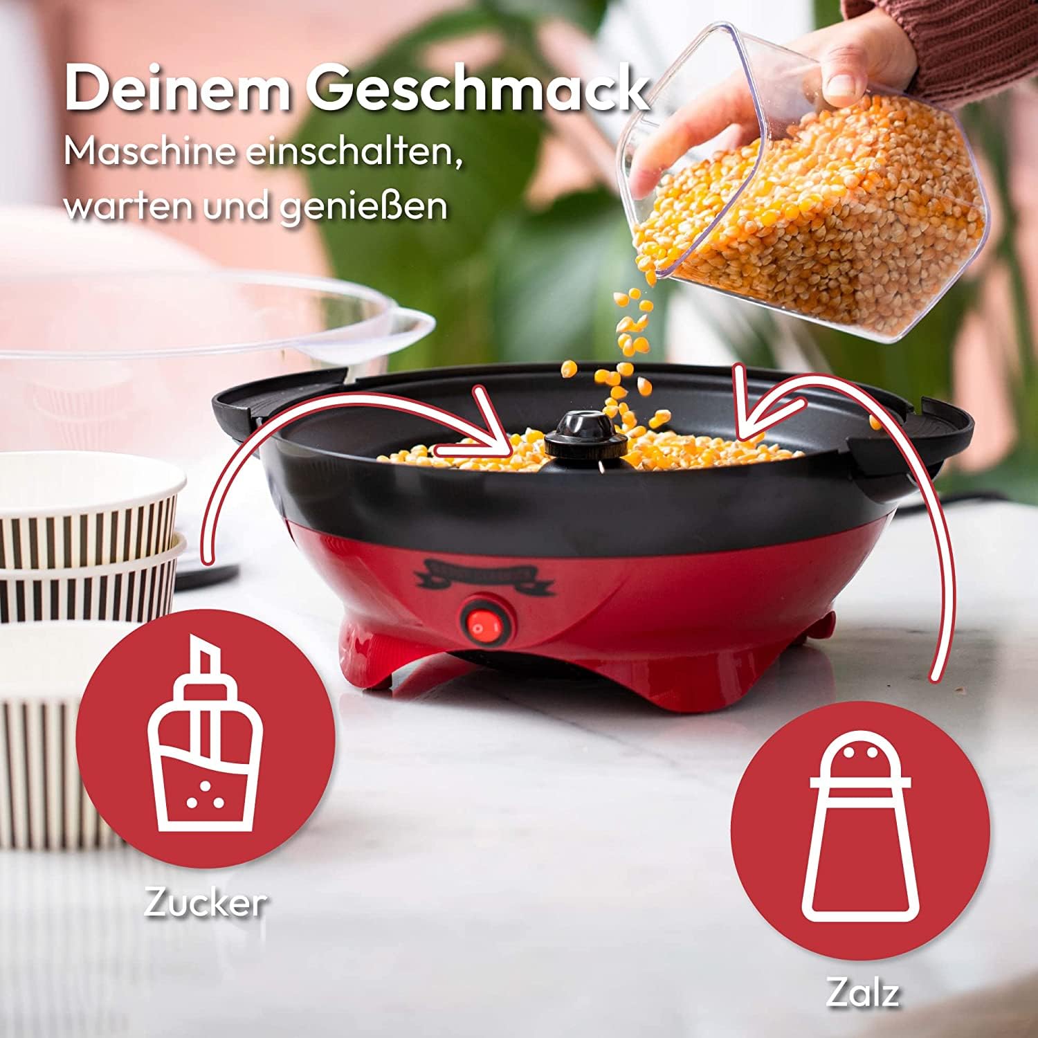 Popcorn Machine Large - Retro Popcorn Maker 5 L - Popcorn Maker with Non-Stick Coating and Removable Heating Surface - Popcorn Machine Red - Popcorn Machine 800 W - Popcorn Machine