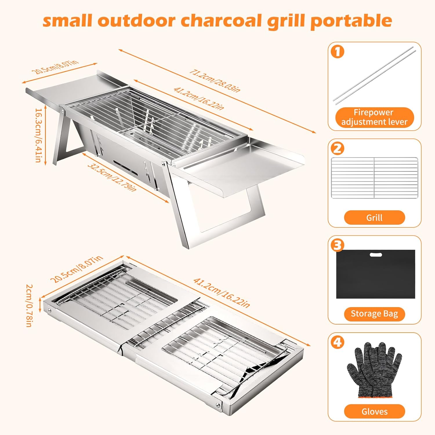 Kleiner Tragbarer Camping Holzkohlegrill, Mini tischgrill holzkohle mit 4-stufiger Hitzeverstellung, reise Klappgrill für Outdoor, Camping, Garten, picknick, Strand & Party Barbecue