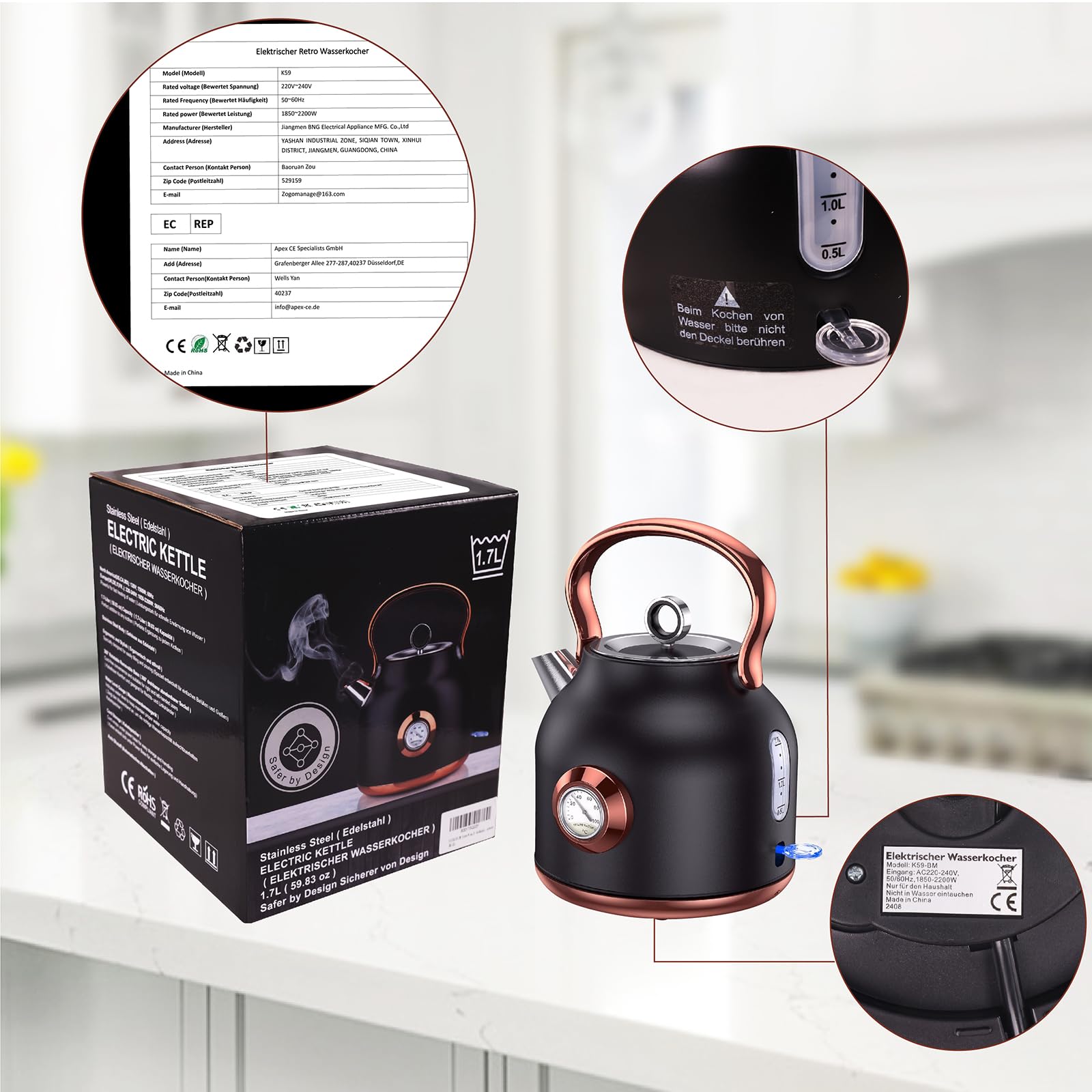 Retro Wasserkocher, 1,7 Liter Edelstahl Teekessel mit grosser Temperaturanzeige, 2200 W Schnellerhitzung Heisswasserkessel mit LED-Anzeige, Schwarz oder Weiss