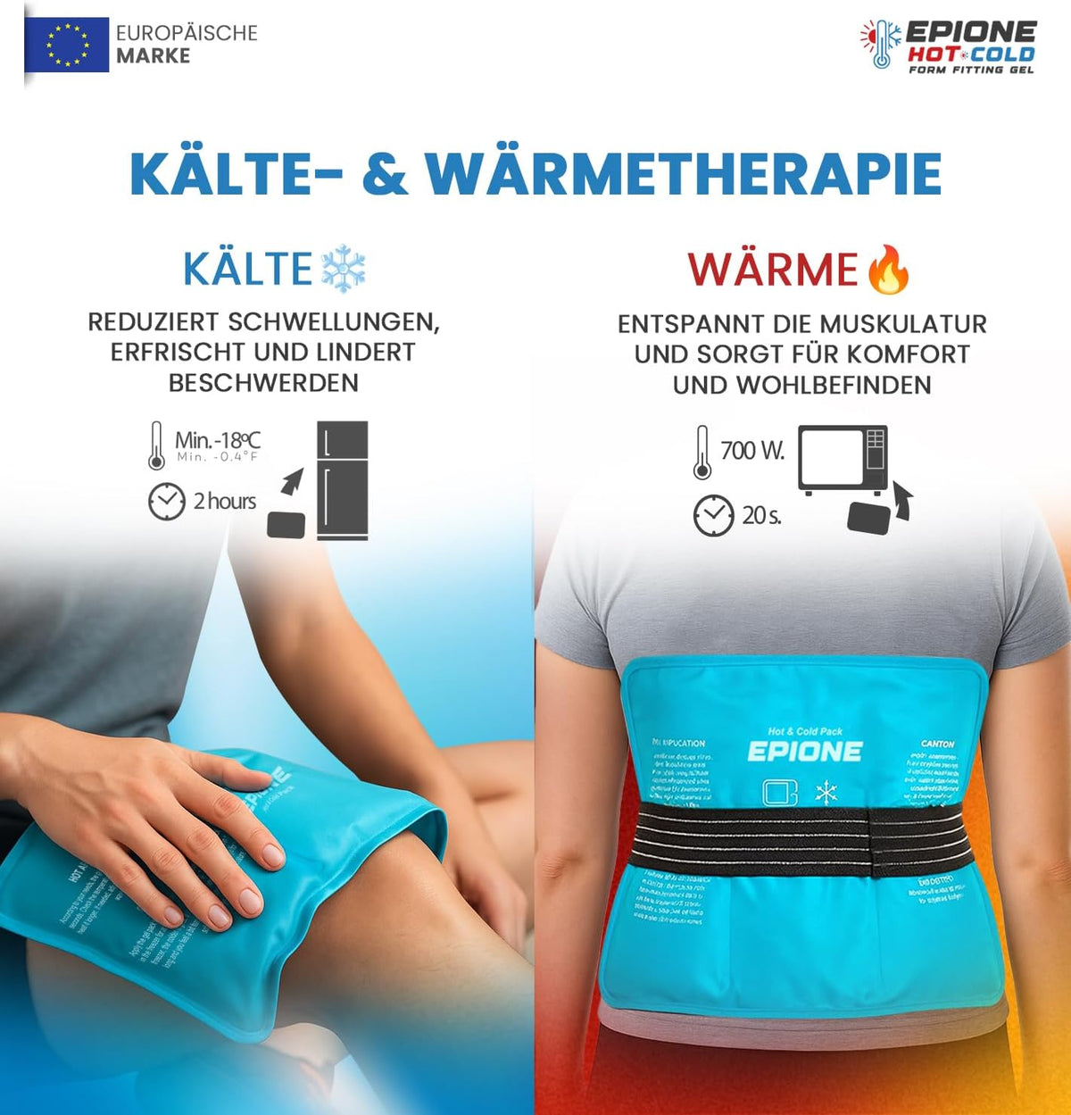 Kühlpads Epione 3XL Gelkissen kalt/warm – mit elastischem Gurt und Stoffhülle – wiederverwendbar zur Schmerzlinderung bei Muskel‑ und Gelenkschmerzen, Verletzungen und Physiotherapie