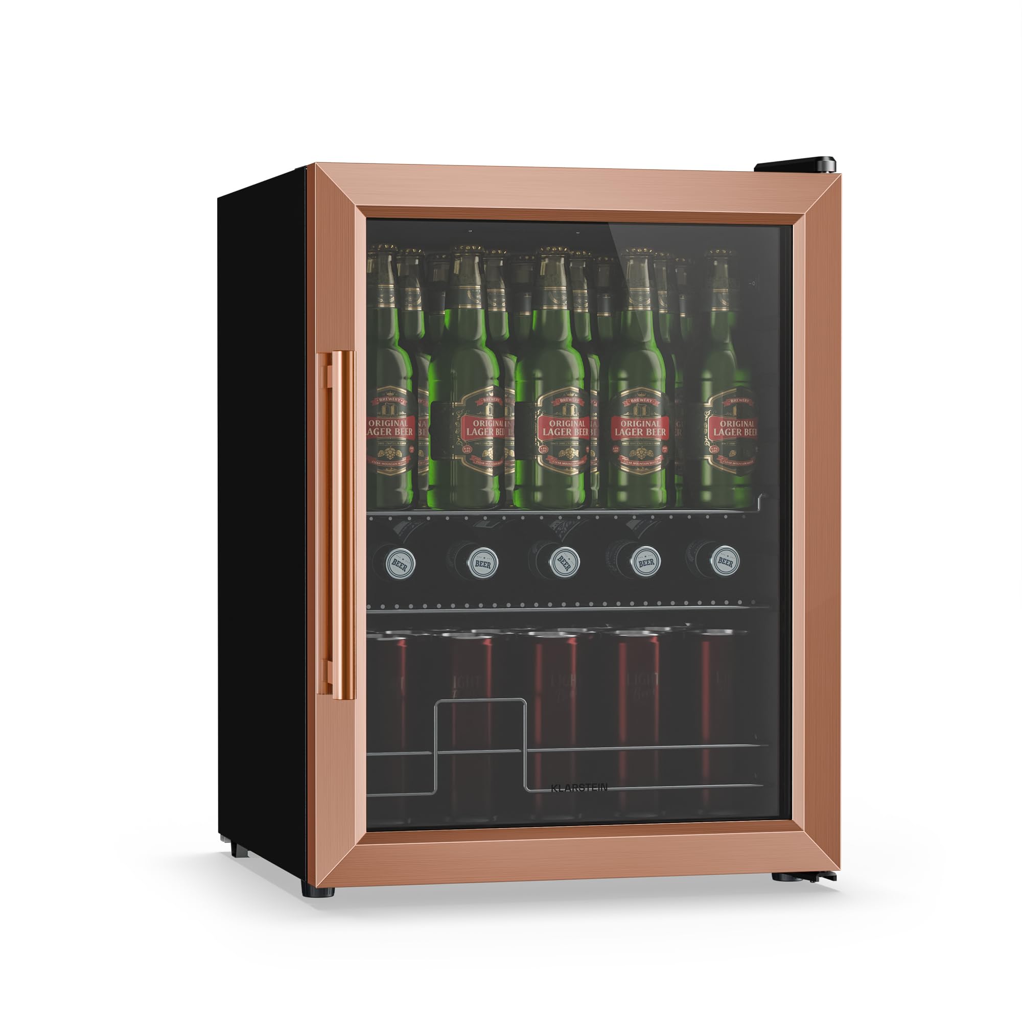 Beersafe Getränkekühlschrank 60 L – Mini Kühlschrank mit Glastür, Kupfer | LED-Beleuchtung, herausnehmbare Metallablagen, leise, Flaschenkühlschrank für Getränke & Dosen