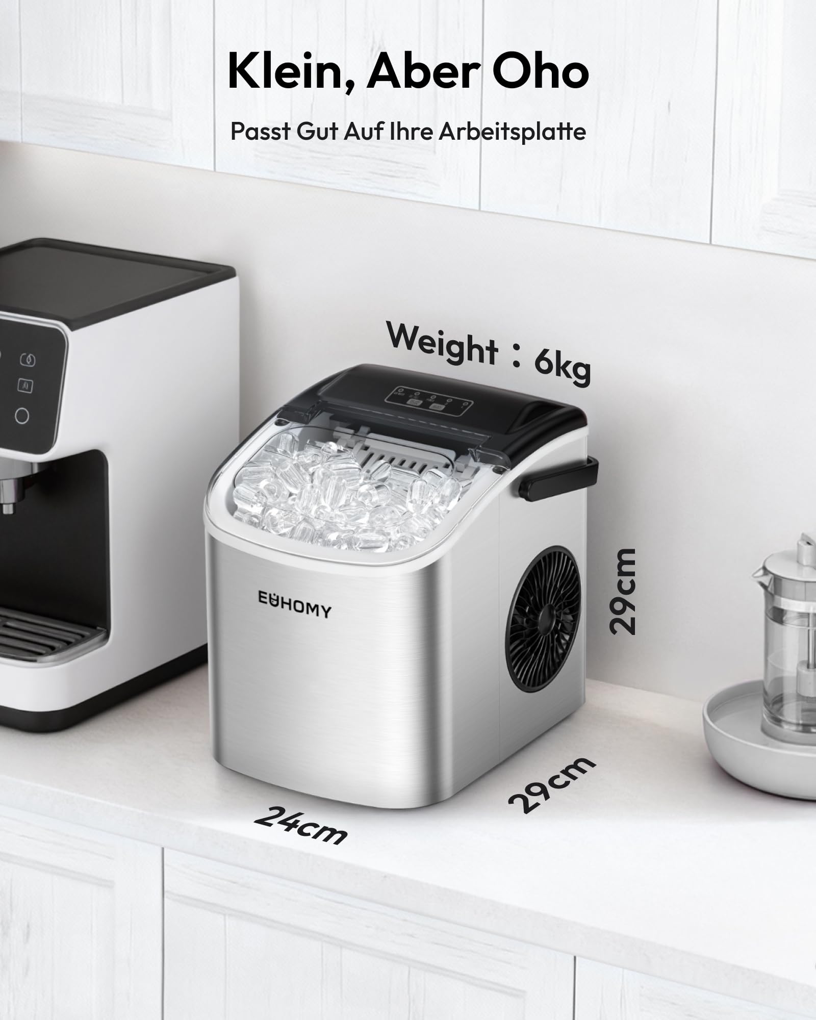 Eiswürfelmaschine Klein, 9 Eiswürfel in 6 Minuten, 12 kg/24H, Eiswürfelmaschine Edelstahl mit Tragbarem Griff, Selbstreinigender Kompakter Eiswürfelmaschinen für Zuhause/Küche/Büro/Bar