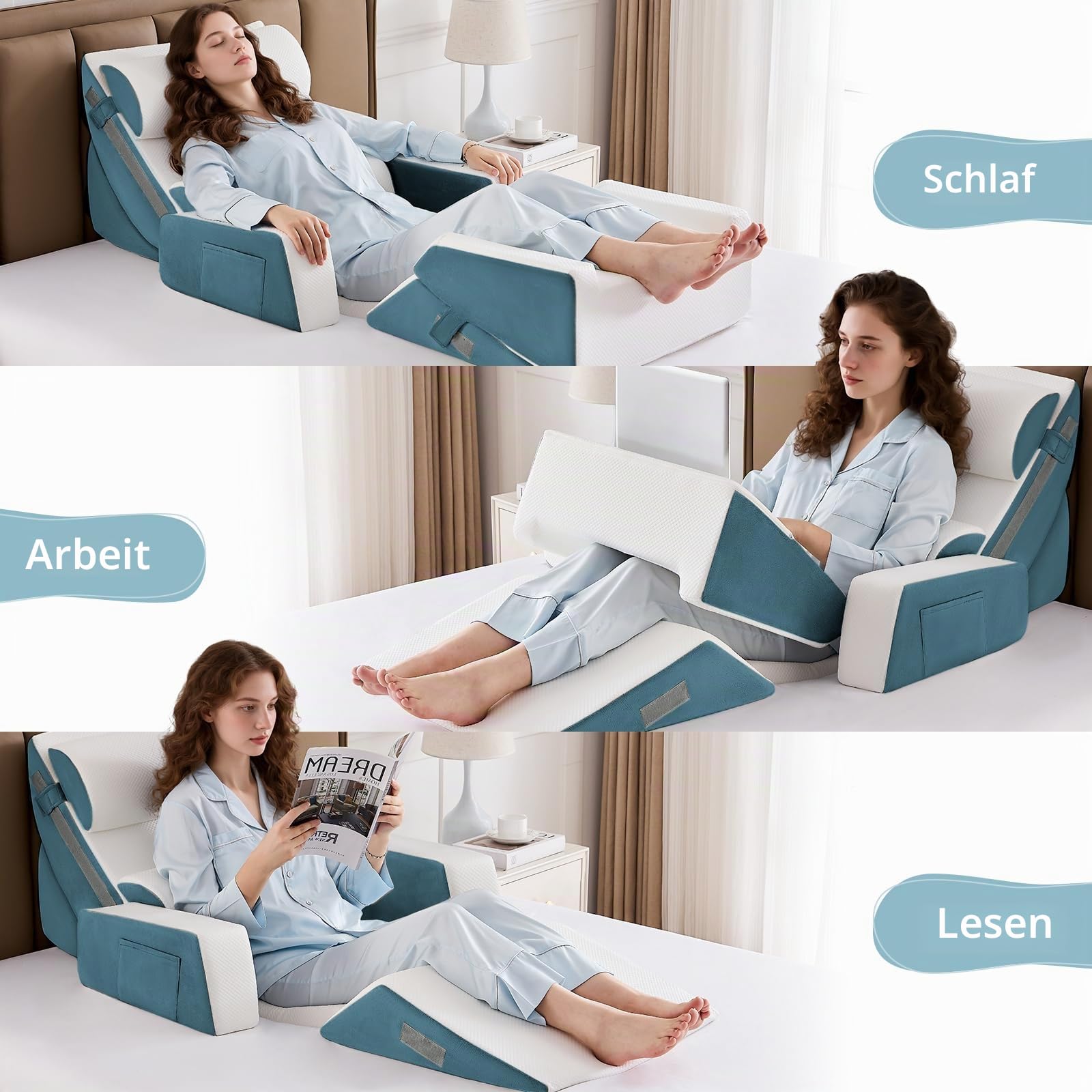 9PCS Orthopädische Bett Keil Kissen Set,Post Chirurgie Schaum Kissen für Körper, Rücken und Beine Schmerzlinderung,Justierbare Stützkissen mit Säure Reflux Bed Wedge Memory Foam Durchgehend dunkelgrau