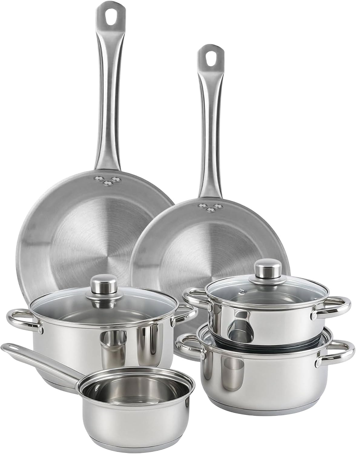 Kochgeschirr-Set, 7-teilig, aus Edelstahl, Ø 20 cm und Ø 24 x 5 cm, induktionsgeeignet, ohne Antihaftbeschichtung