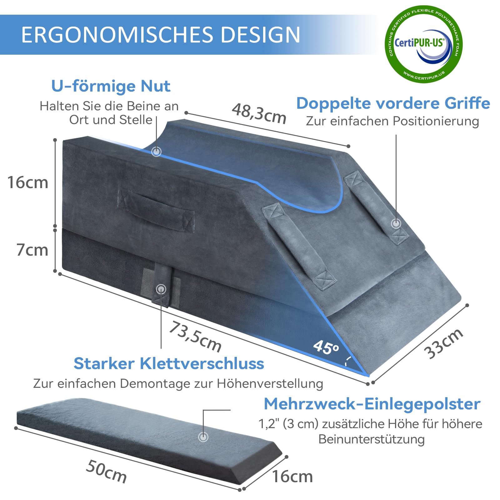 Höhenverstellbare Venenkissen Beinhochlagerungskissen Einsatz Post-Op./Verletz./Ruhe, Beinkissen aus Memoryschaum mit 3 Griffen und Einsetzbarem Polstereinsatz, Waschb. Samtbez