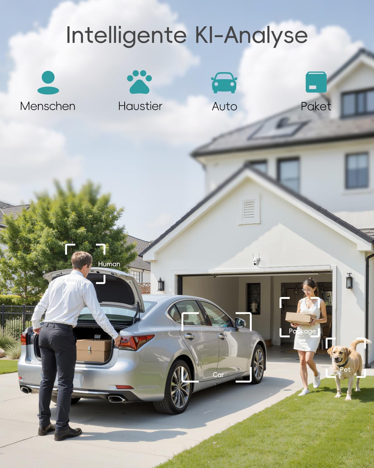 Überwachungskamera Aussen 5G/2,4GHz WLAN Kamera Überwachung aussen Kabelgebunden, 355°/90° PTZ, 24/7 Aufnahme,Nachtsicht,Cloud-Speicher,KI-Erkennung