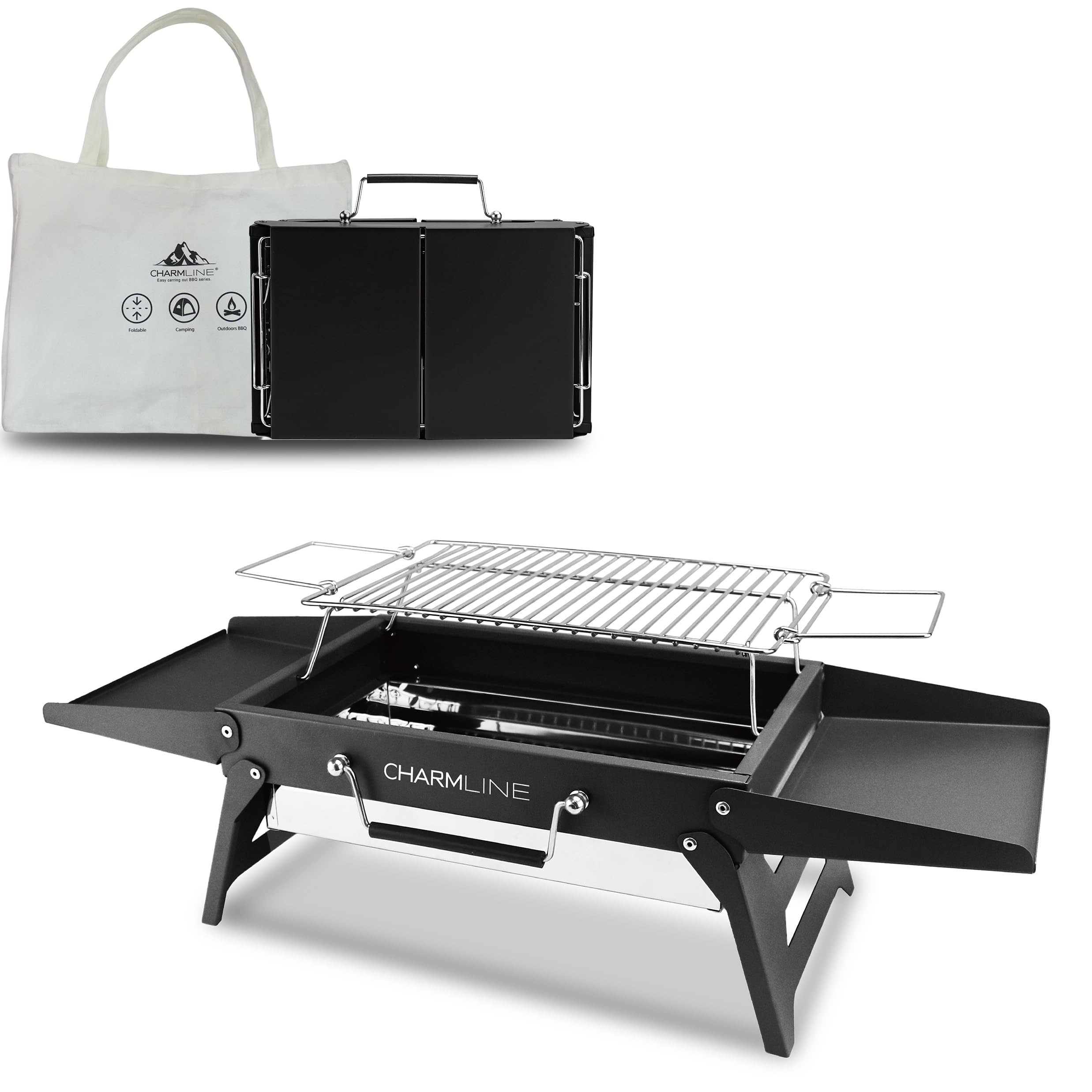 Tragbarer Holzkohlegrill, Klappbarer Campinggrill 35 x 23 cm für 1–3 Personen, Mini BBQ Grill für Balkon, Garten, Camping, Picknick und Strand