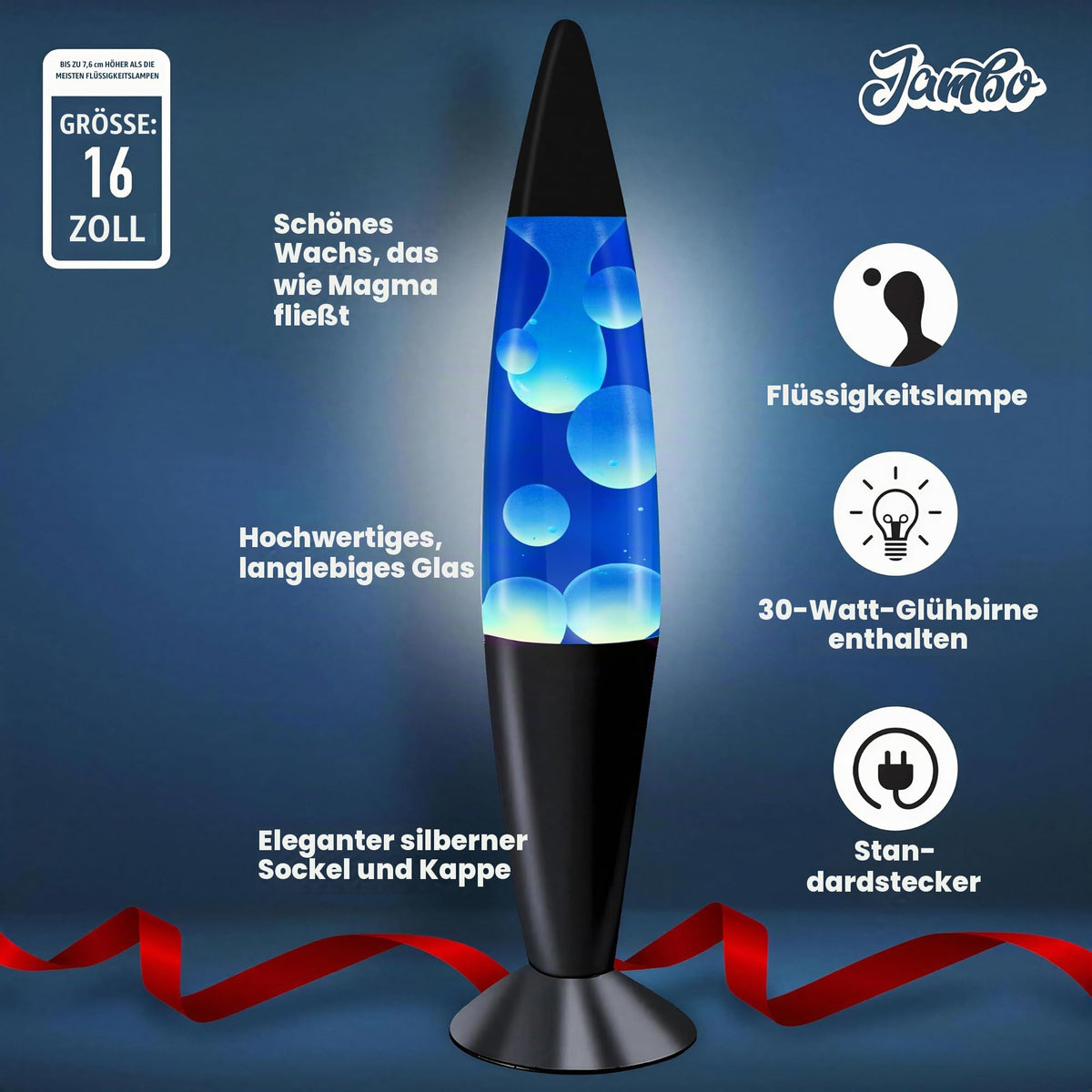 Jambo Liquid-Motion-Lampe mit schwarzem Sockel (Black Base, Purple Liquid, White Wax, 16")