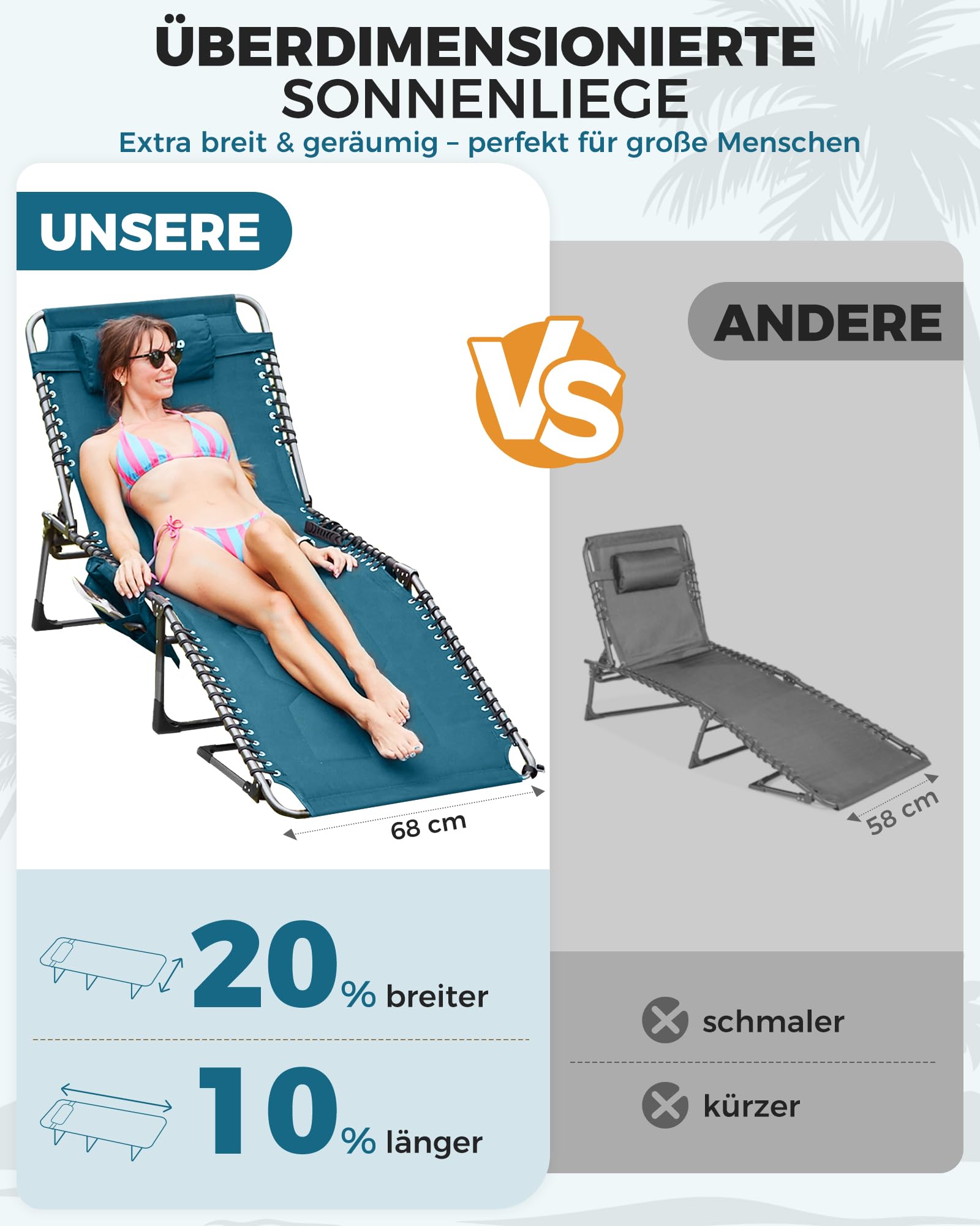 Sonnenliege Klappbar 5-Verstellbare, bis 180 kg, 2er Set, Blau | Gartenliege Klappbar, mit Kopfstütze & Seitentasche, Sonnenliege Wetterfest, Strandliege für Garten Terrasse Pool Camping