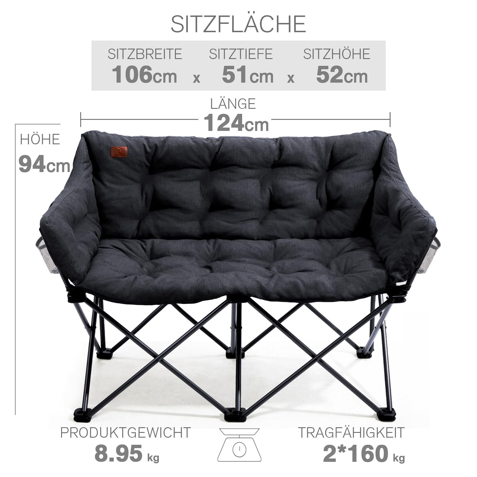 Campingstuhl Faltbar 124CM Breit Campingsofa für 2 Personen Faltsofa 320KG Belastbar, Campingcouch Dick Gepolstert Klappstuhl XXL 2 Sitzer Hohe Lehne für Outdoor Garten Balkon Indoor