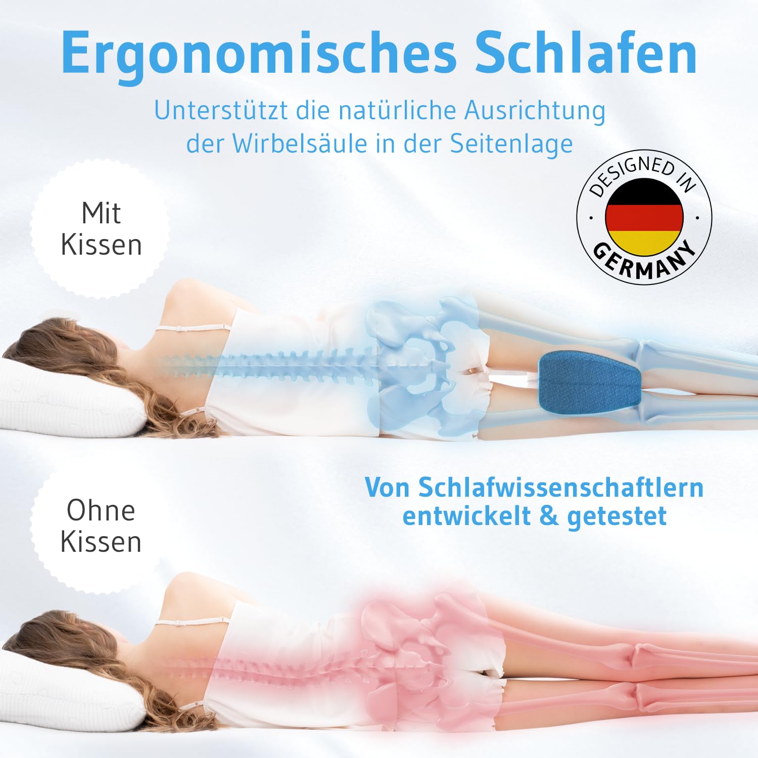 Kniekissen für Seitenschläfer, Orthopädisches Bein-Kissen für eine optimale Schlafhaltung, Ergonomisches Lagerungskissen aus viscoelastischem Memory Schaum, atmungsaktiver & waschbarer Bezug 23,5x9,5