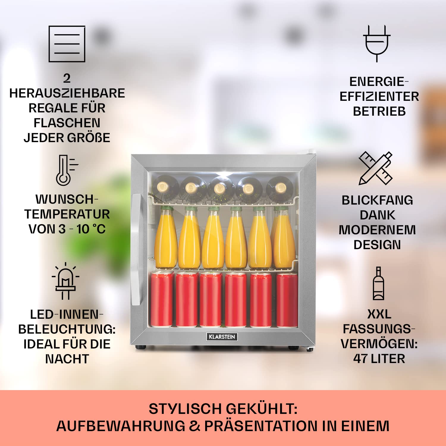 Getränkekühlschrank 33 L – Mini Kühlschrank mit Glastür, Silber-Schwarz | LED-Beleuchtung, herausnehmbare Metallablagen, leise, Flaschenkühlschrank für Getränke & Dosen
