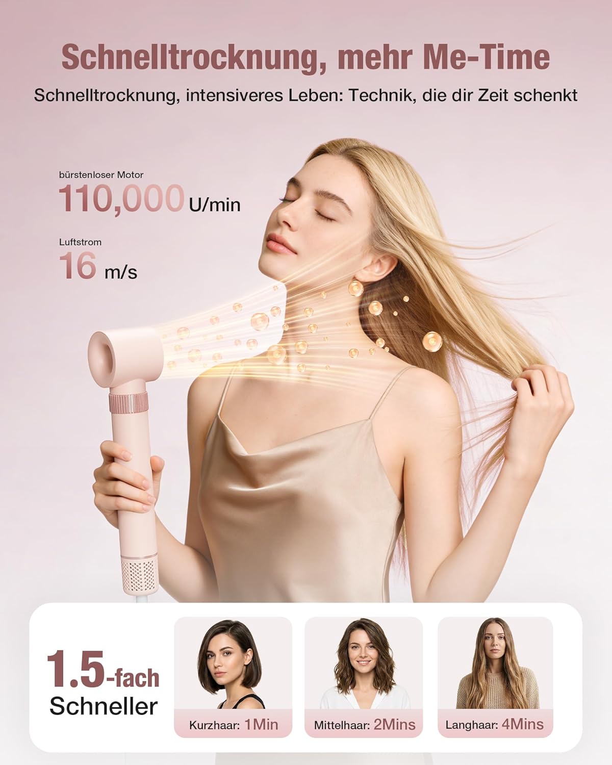 6-in-1 Hairstyler, Airstyler, Lockenstab, 110000 U/Min Hochgeschwindigkeit Lonen Föhn Locken oder Glätten, Föhnbürste Warmluftbürste Rundbürstenföhn Lockenföhn Haartrockner- Rosa