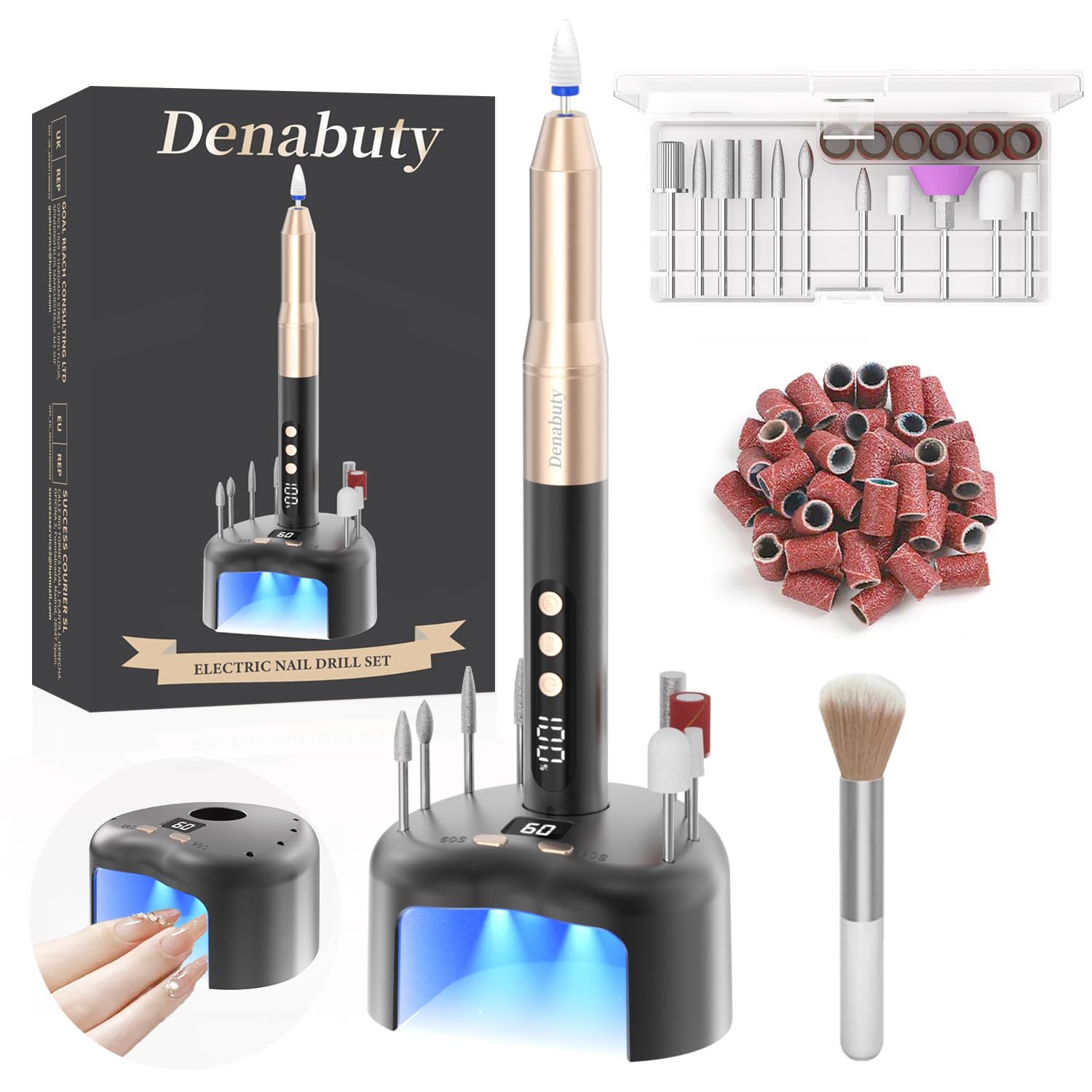 Nagelfräser Kabellos, Elektrische Nagelfeile Professionelle 2 in 1 Fräser für Gelnägel Acrylnägel mit Nagel UV LED Lampe, Maniküre und Pediküre Set Nail Drill 35000 U/Min Schwarz
