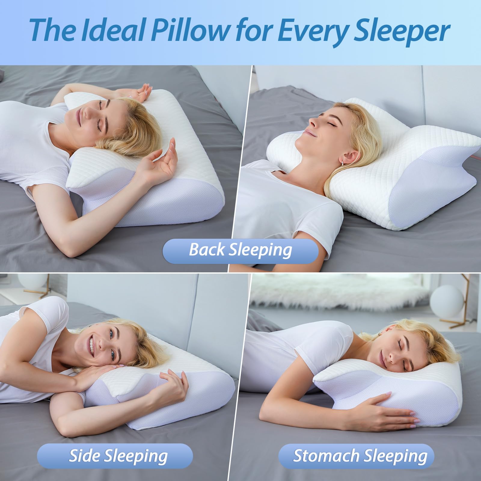 2 in 1 Ergonomisches Nackenkissen Orthopädisches Kopfkissen Memory Foam Kissen für Rücken-, Seiten- und Bauchschläfer, 60x40x12/14cm