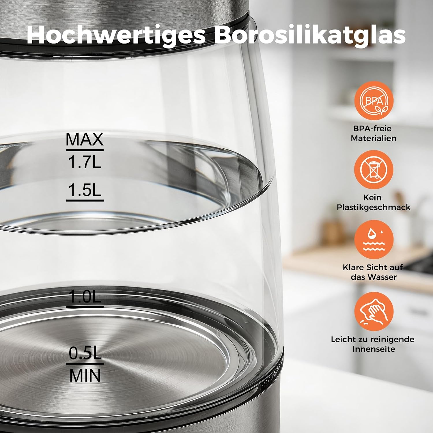Wasserkocher mit Temperatureinstellung 1,7L 2200W Glas | 5 Temperaturstufen, 5 Farben LED, 30 Min Warmhaltefunktion, Kabellos, Kalkfilter, Abschaltautomatik