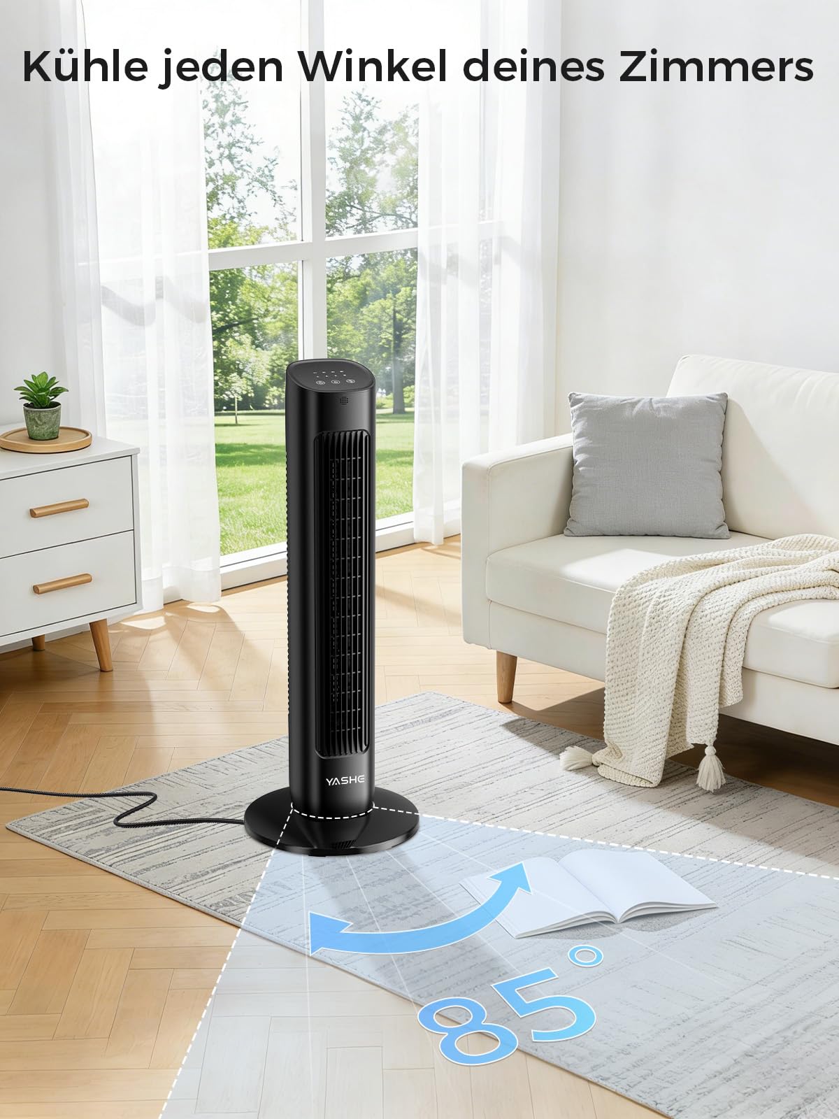 Turmventilator mit Fernbedienung, 85°-Oszillation, leiser Standventilator (28 dB), 3 Geschwindigkeitsstufen, 2 Modi, 12-Stunden-Timer, LED-Anzeige, für Schlafzimmer, Büro und Zuhause