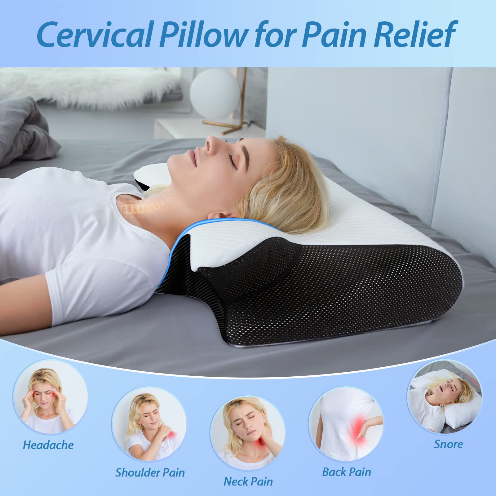 2 in 1 Ergonomisches Nackenkissen Orthopädisches Kopfkissen Memory Foam Kissen für Rücken-, Seiten- und Bauchschläfer, 60x40x12/14cm