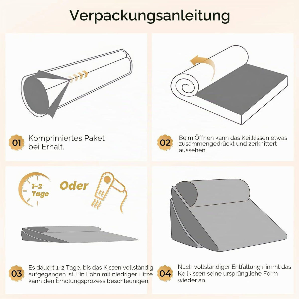 4-teiliges Keilkissen-Set aus Memory-Schaumstoff, Höhenverstellbare Schlaf- und Lesekissen für Sofa und Bett, Waschbare Bezüge in Grau