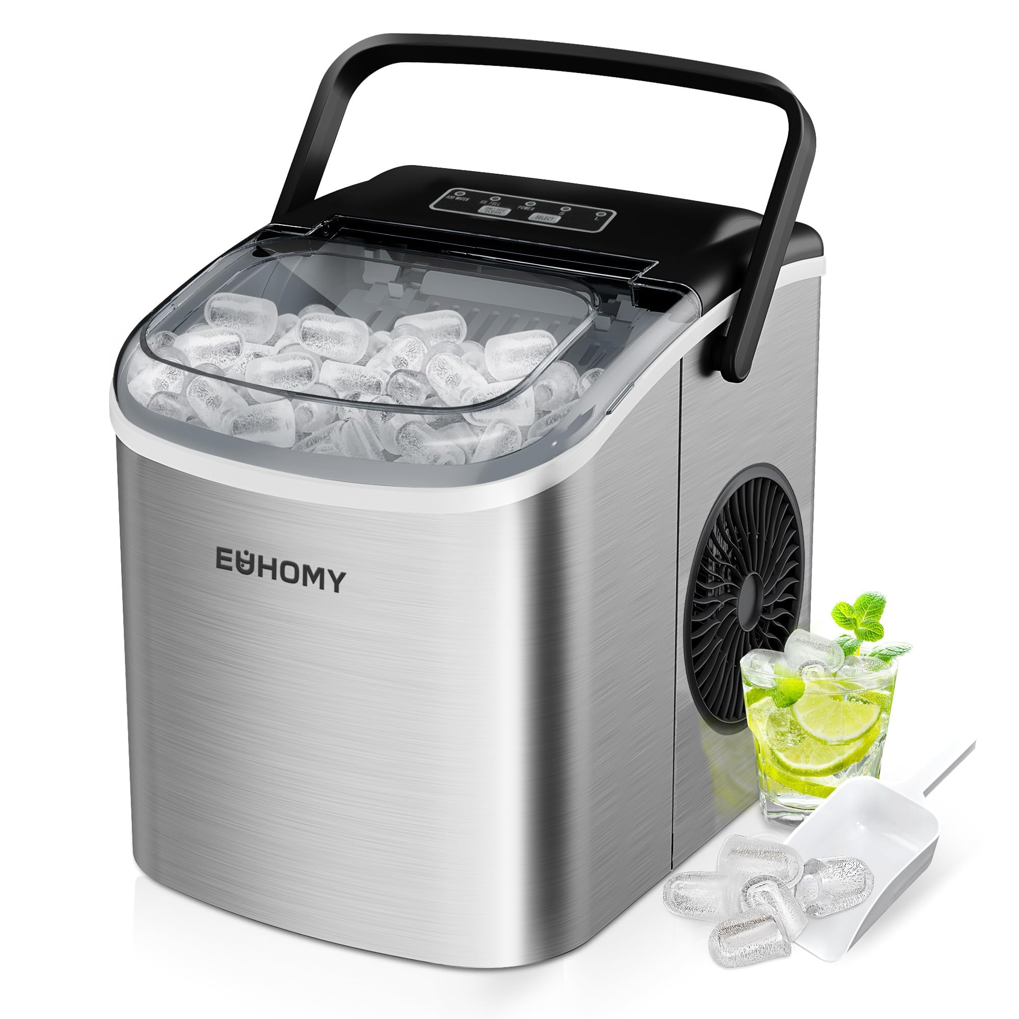 Eiswürfelmaschine Klein, 9 Eiswürfel in 6 Minuten, 12 kg/24H, Eiswürfelmaschine Edelstahl mit Tragbarem Griff, Selbstreinigender Kompakter Eiswürfelmaschinen für Zuhause/Küche/Büro/Bar