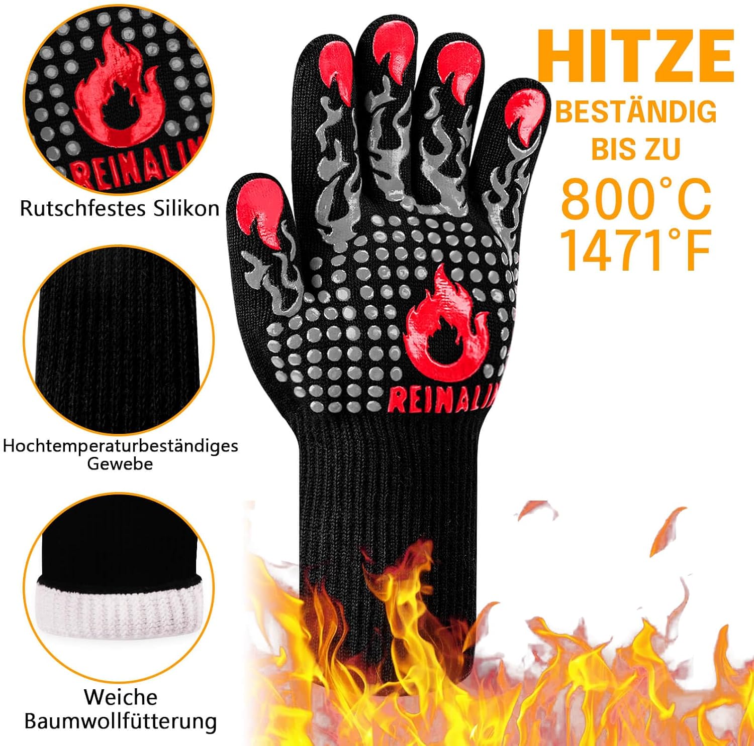 Gants de cuisine Reinalin, résistants à la chaleur jusqu'à 800 °C, gants de four, maniques, gants ignifugés, gants de barbecue, gants de cuisine, gants de pâtisserie (L/XL/XXL, noir) 