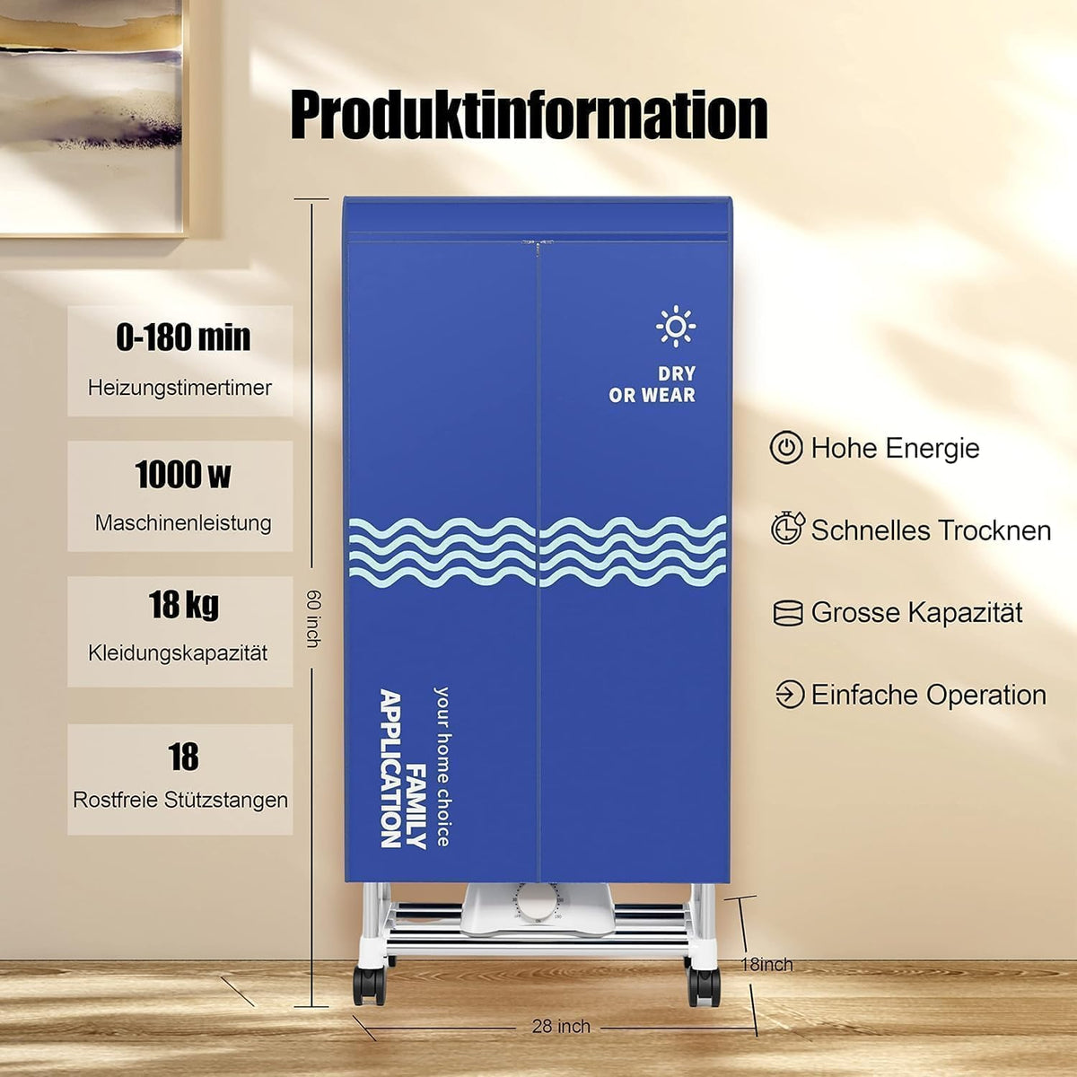 Wäschetrockner, Tragbare Trockenmaschine mit Timer, 60inch Wäschetrockner mit großer Kapazität, elektrischer Trockner/Rack für Zuhause