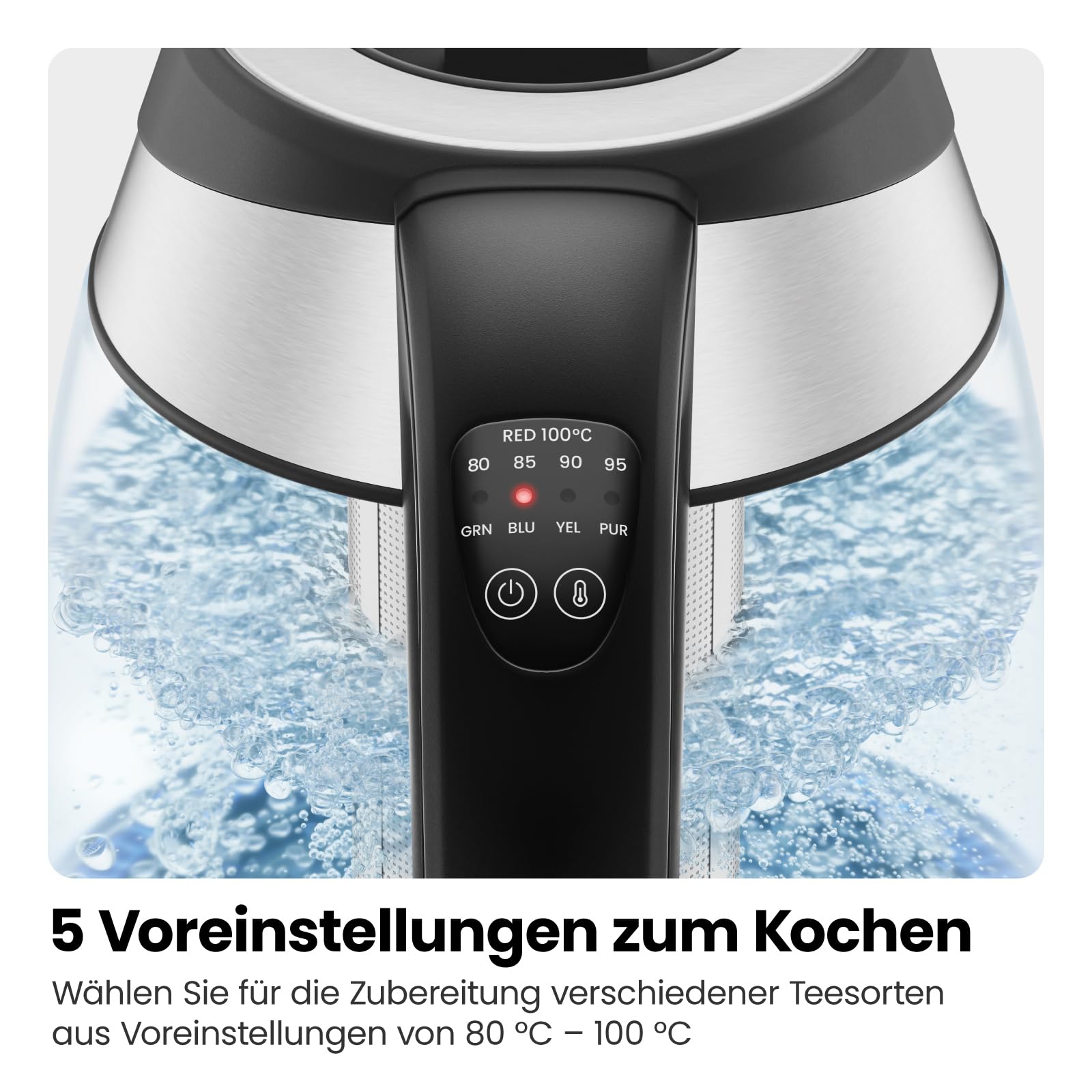 Elektrischer Wasserkocher Glas mit Teesieb, 1.8 Liter, LED-Anzeige / BPA-Frei, 2200 Watt, Edelstahl
