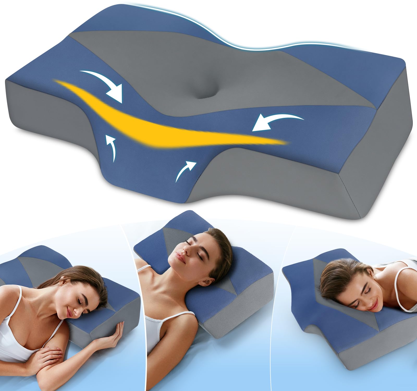 Nackenstützkissen gegen Nackenschmerzen, orthopädisches Kopfkissen, ergonomisches Memory Foam Nackenkissen mit 2 Höhen, Hohlraum & kühlendem Bezug, für Seiten- und Rückenschläfer