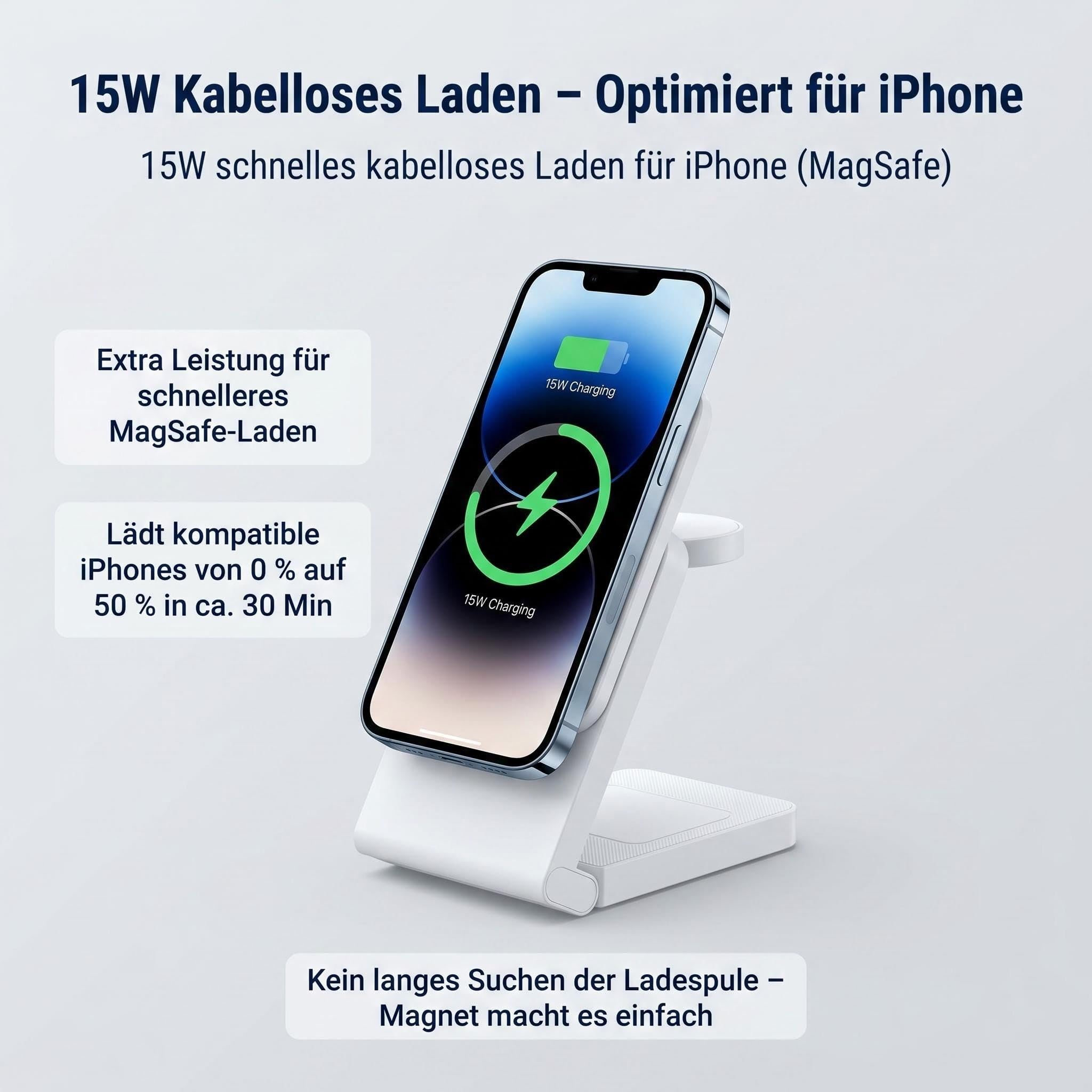 3 in 1 MagSafe Induktive Ladestation, Kabelloses Ladegerät QI2.2 | Magnet Induktionsladegerät für iPhone 12-17 Serie/Apple Watch/AirPods, Wireless Charger Stand mit 20W Adapter, Silber-Schwarz