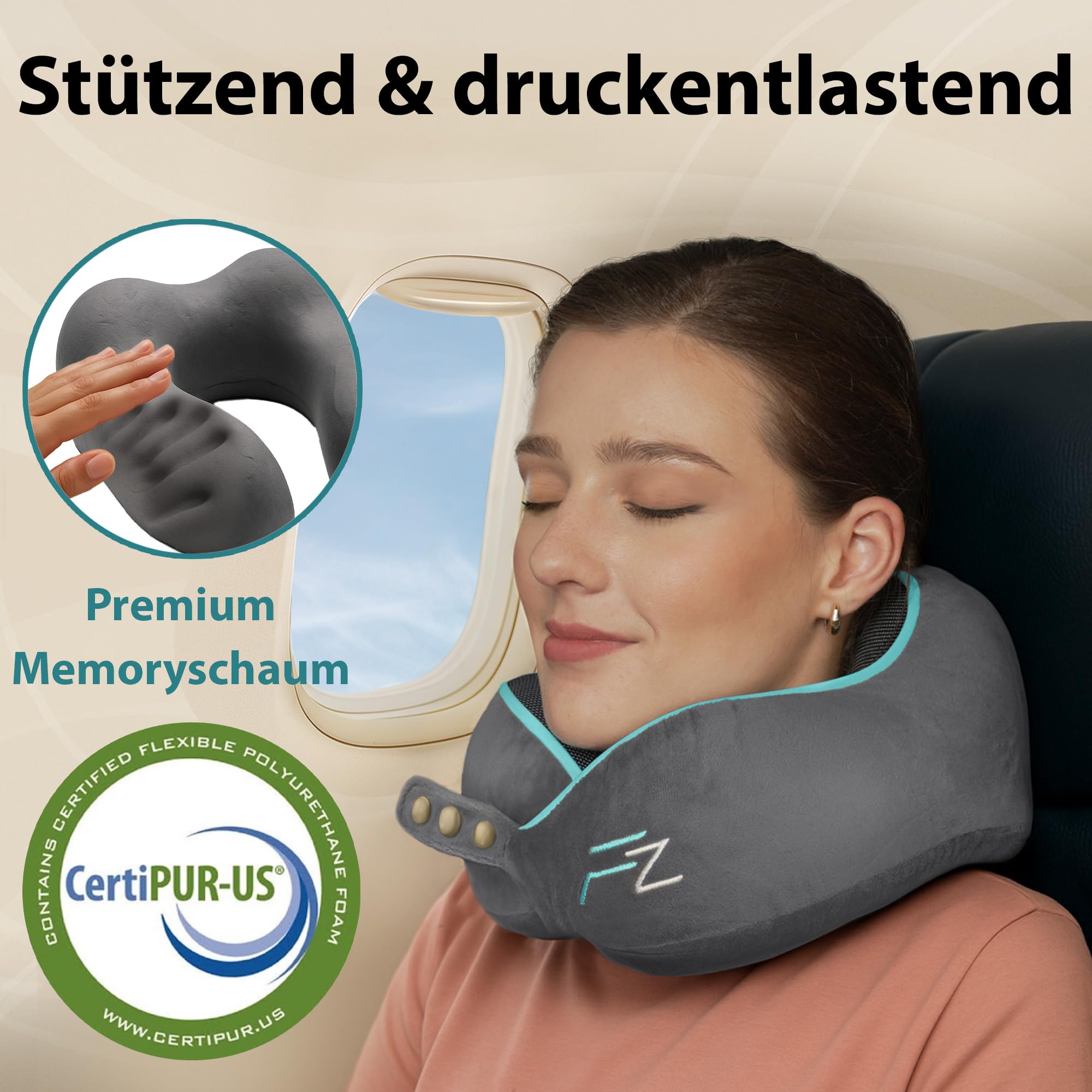 Bequemer Neck Cushion Flugzeug & Auto Reisekissen Memory Foam mit schlankem Rücken und waschbarer Abdeckung (Velvet Soft & Breathable) - Neck Cushion Adults Grey