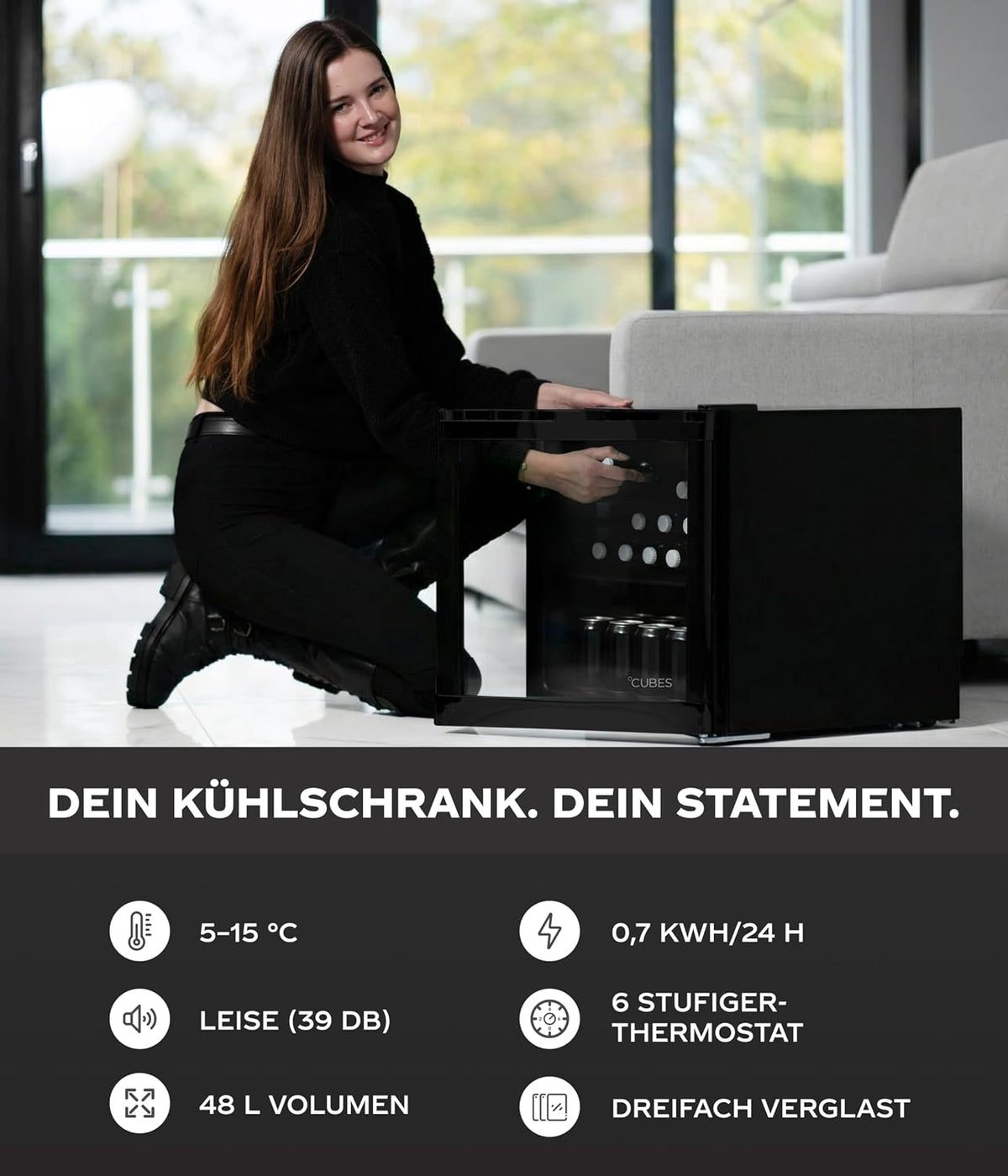 Mini Kühlschrank 48 L Schwarz – Eleganter Getränkekühlschrank mit Glastür & 1 variabler Ablage | Leise & energieeffizient (39 dB) | Perfekt für Büro, Küche, Gaming & Bar | Stilvolles Design