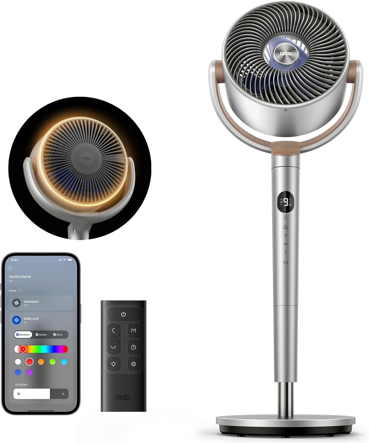 Starker Standventilator Smart mit RGB Light, 120° +120° Oszillierender Ventilator mit Fernbedienung, 20dB Leiser Bodenventilator / Turmventilator für Schlafzimmer, 8H Timer, Silber