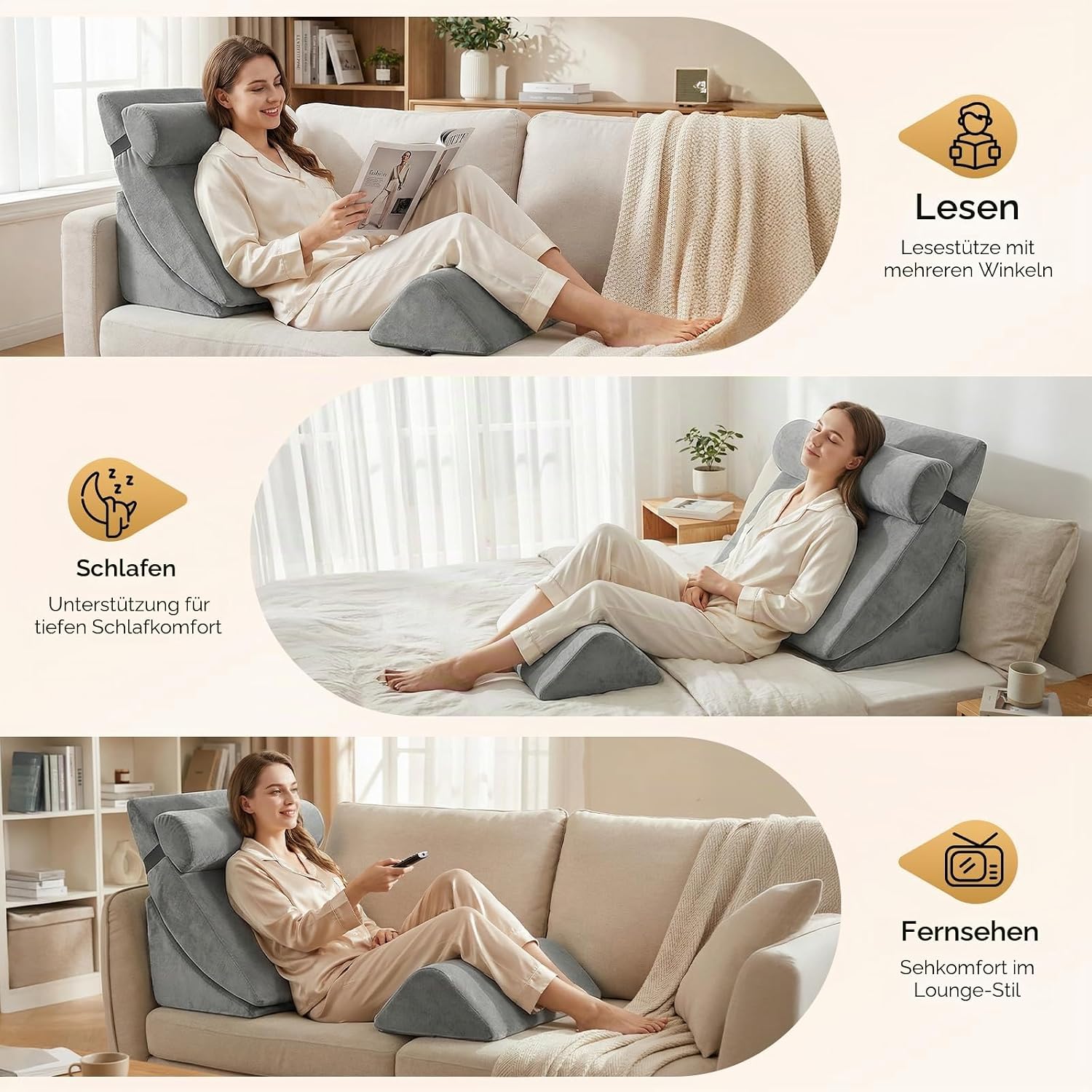 4-teiliges Keilkissen-Set aus Memory-Schaumstoff, Höhenverstellbare Schlaf- und Lesekissen für Sofa und Bett, Waschbare Bezüge in Grau