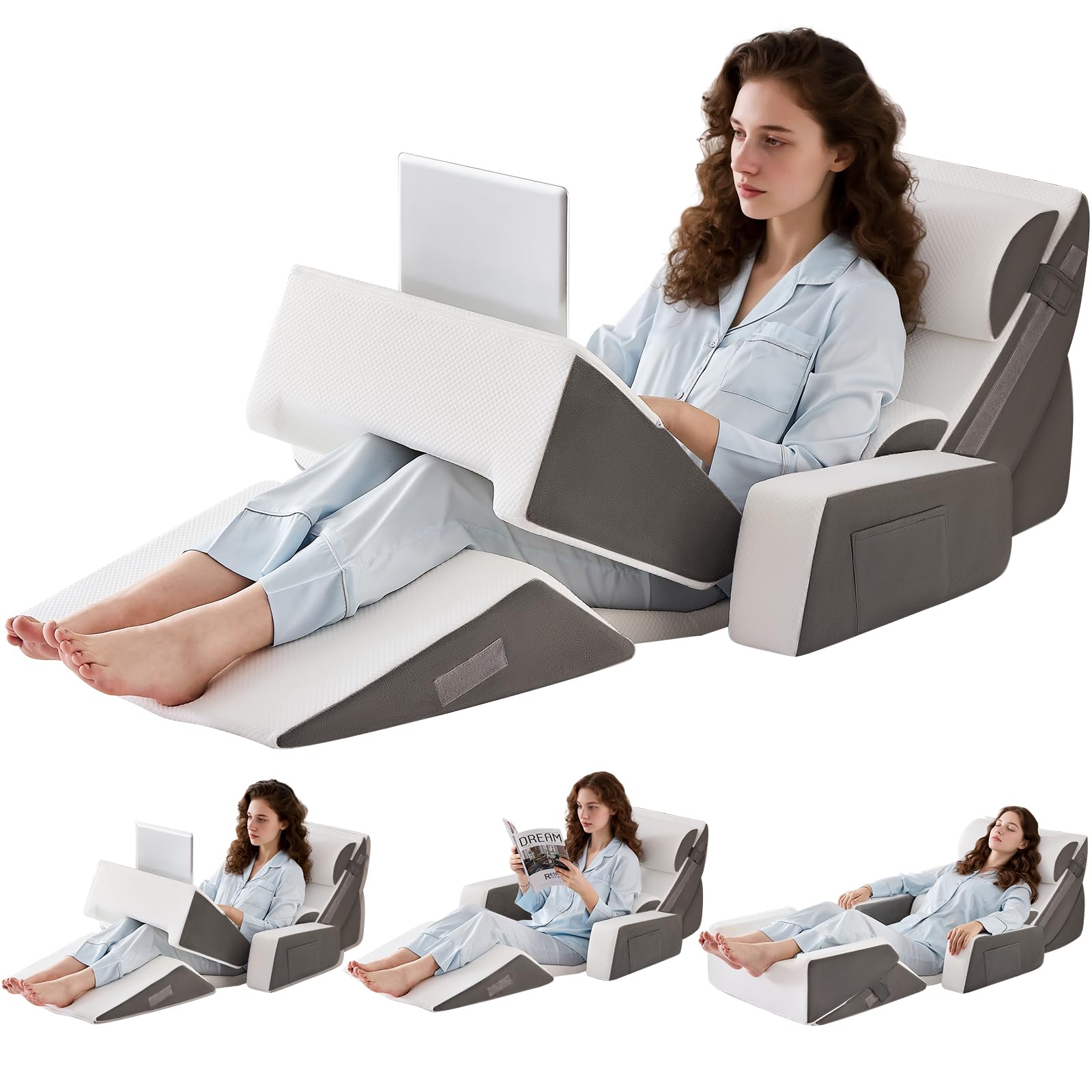 9PCS Orthopädische Bett Keil Kissen Set,Post Chirurgie Schaum Kissen für Körper, Rücken und Beine Schmerzlinderung,Justierbare Stützkissen mit Säure Reflux Bed Wedge Memory Foam Durchgehend dunkelgrau