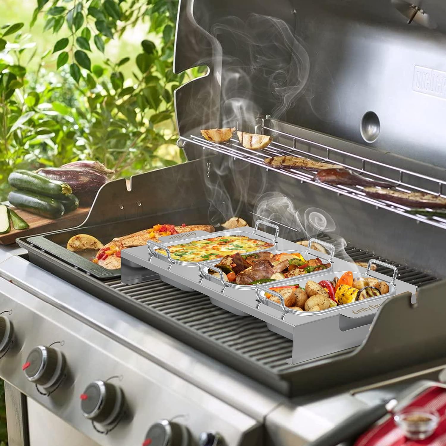3er Set Edelstahl Grillpfännchen mit Griff & Ständer für Gasgrill | BBQ Grillschalen für Gemüse, Fleisch, Schrimps, Käse und Brot, Trennung von Speisen